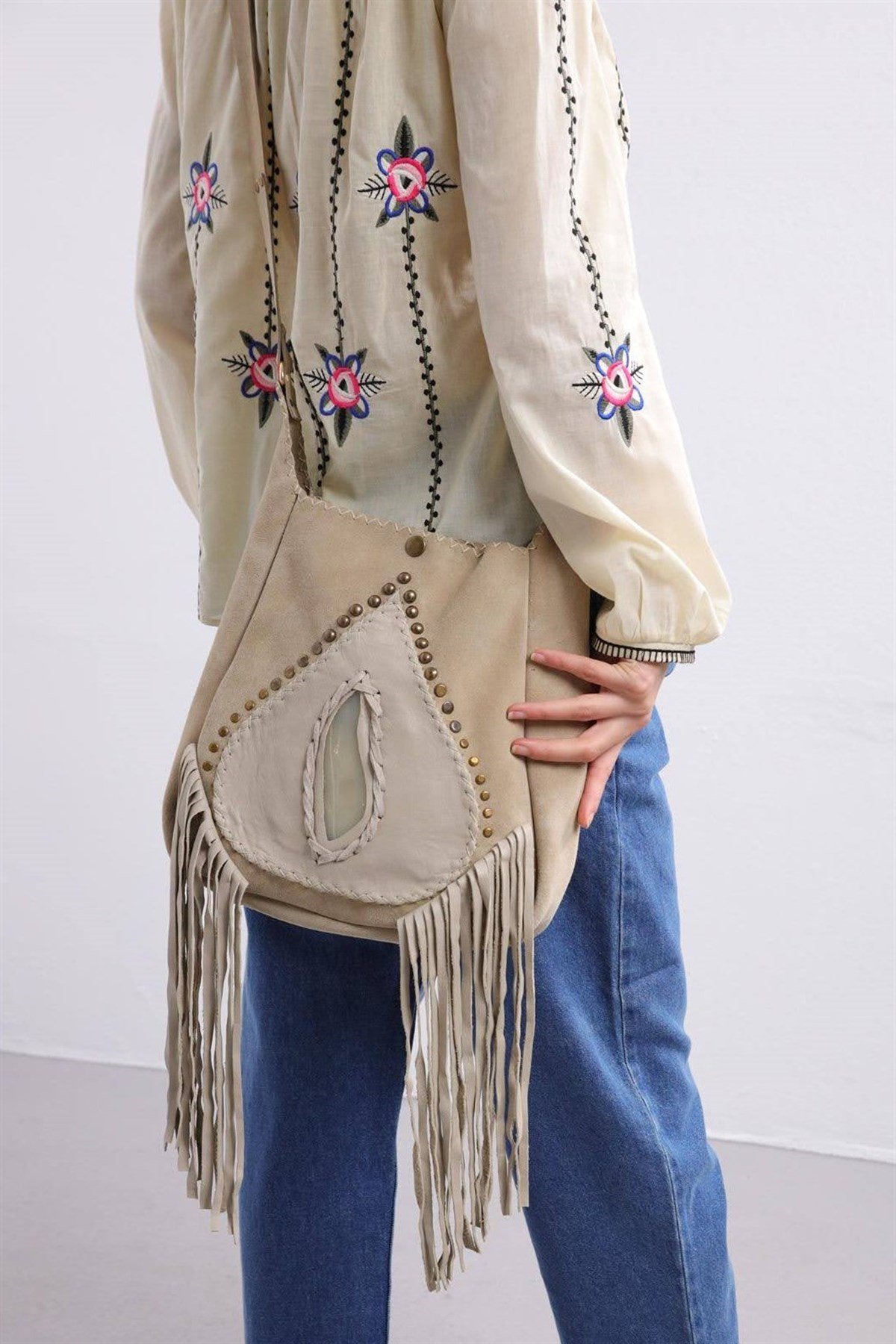 Stone Color Natural Stone Detailed Tasseled Leather Bag - Saman Butik | Shop Online Stone Color Natural Stone Detailed Tasseled Leather Bag