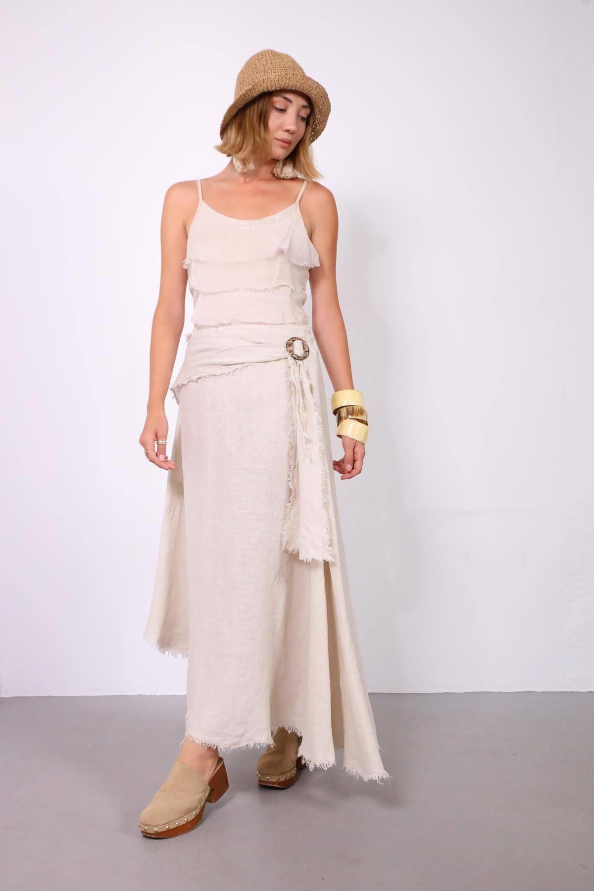  Krem Rengi Püsküllü Kemerli Keten Etek