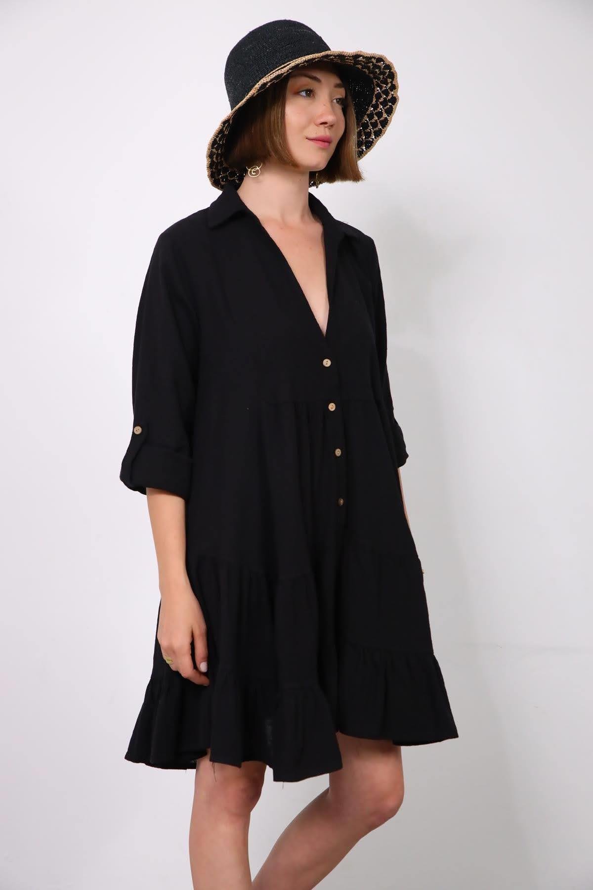 Siyah Keten Positano Elbise - Şaman Butik Siyah Keten Positano Elbise