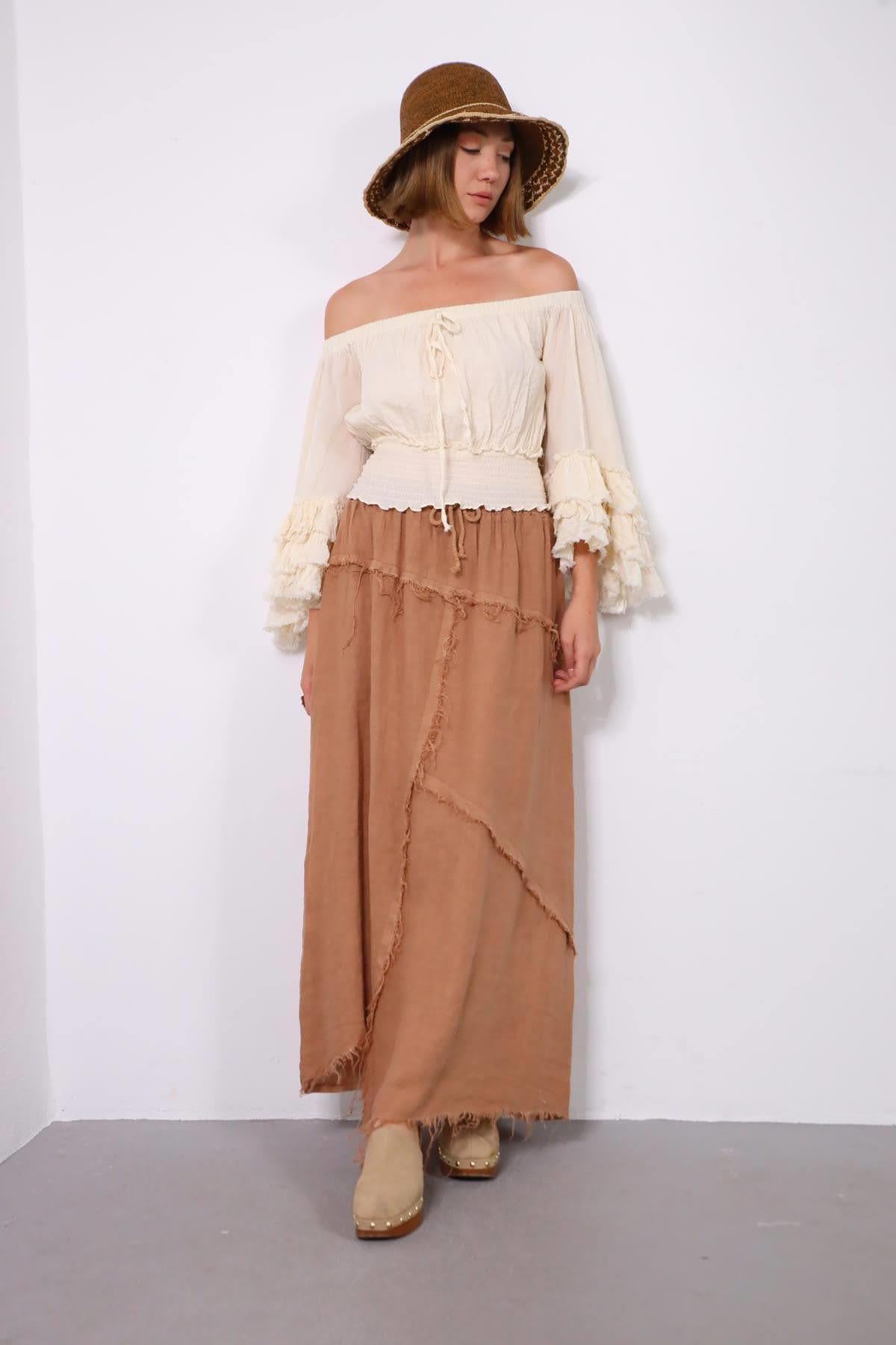 Tarçın Rengi Asimetrik Püsküllü Dikiş Detaylı Keten Etek - Şaman Butik Tarçın Rengi Asimetrik Püsküllü Dikiş Detaylı Keten Etek