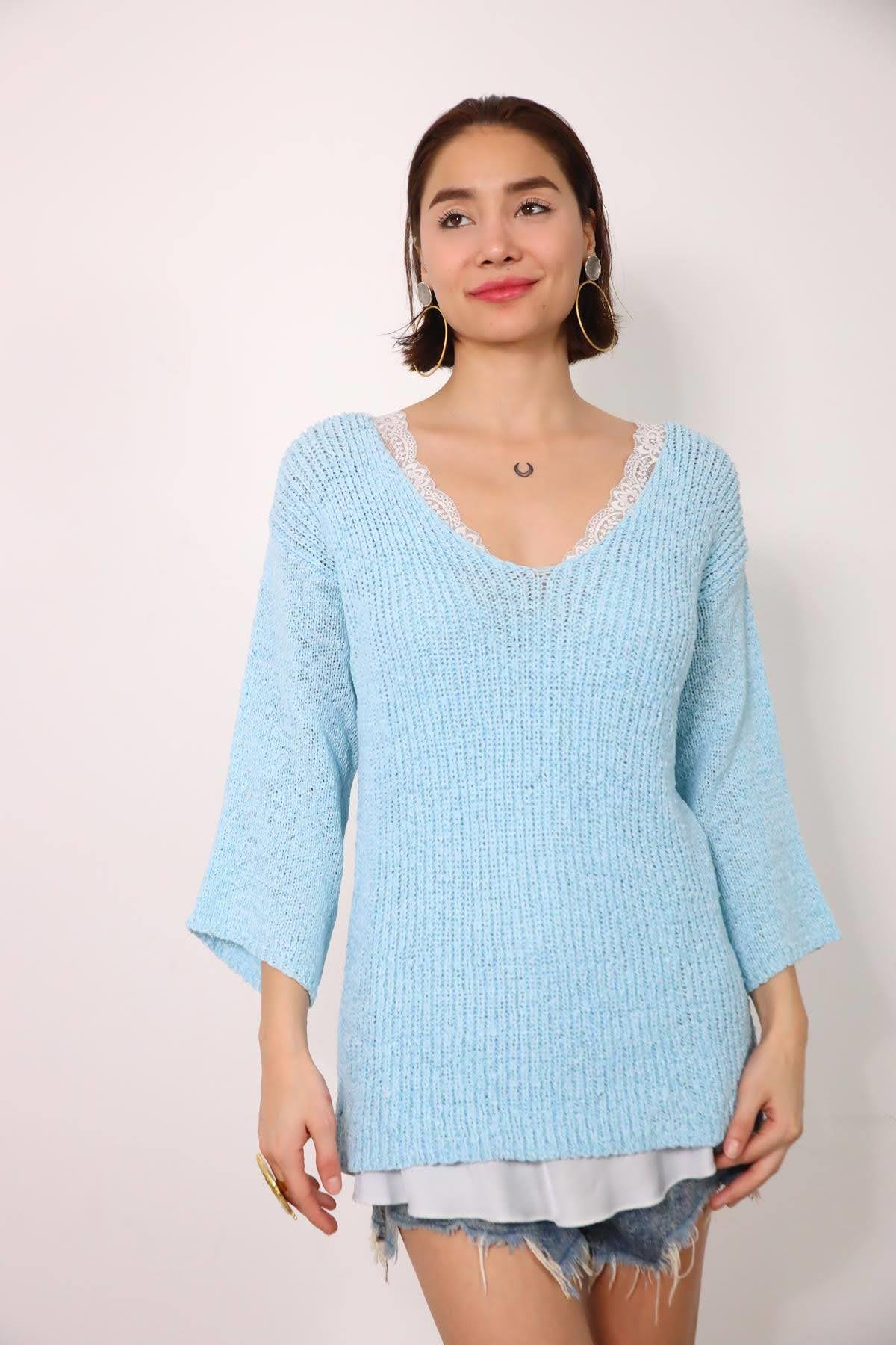 Açık Mavi V Yaka Uzun Kollu Merserize - Şaman Butik Açık Mavi V Yaka Uzun Kollu Merserize