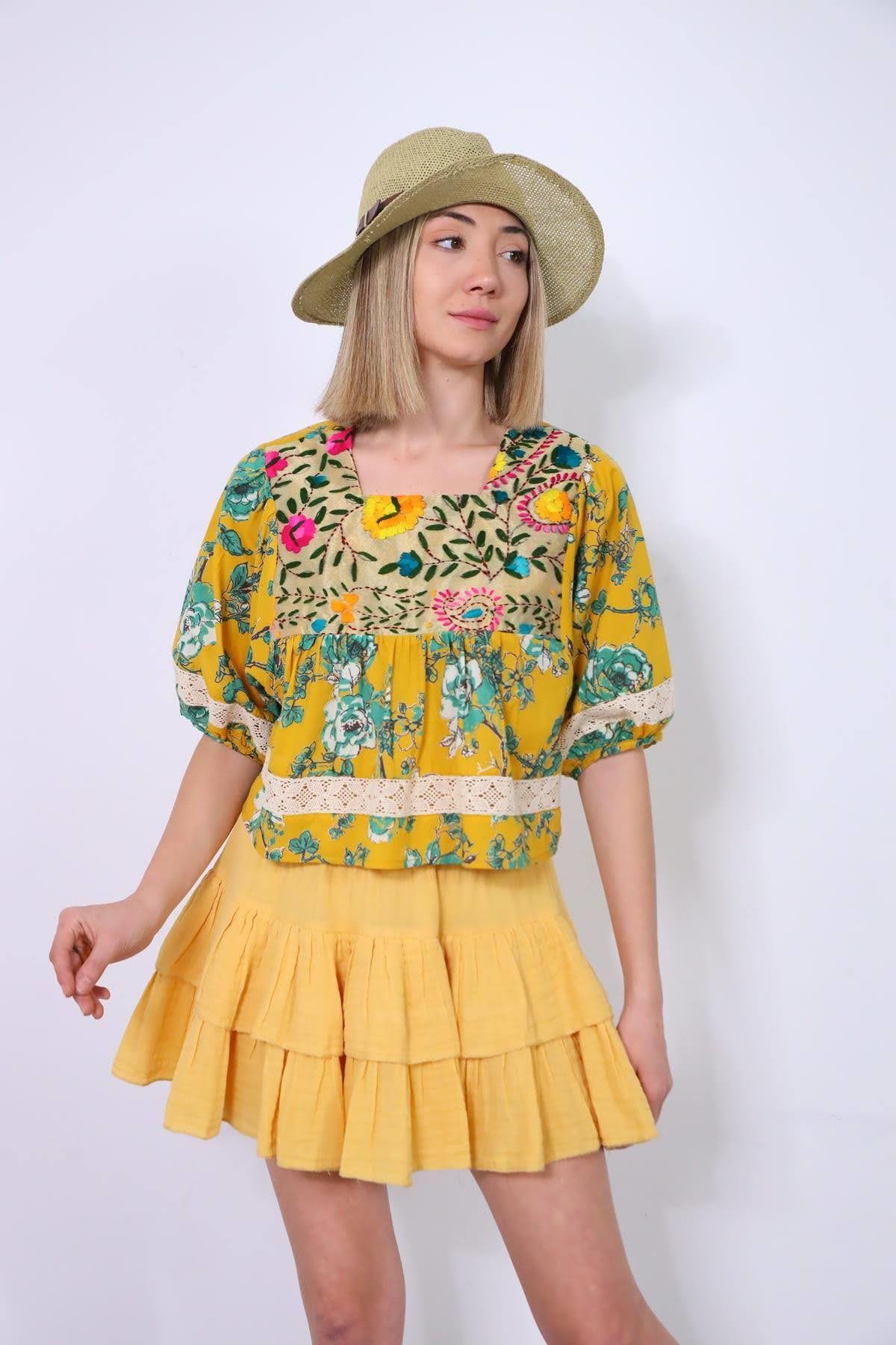 Sarı Kat Kat Mini Etek - Şaman Butik Sarı Kat Kat Mini Etek