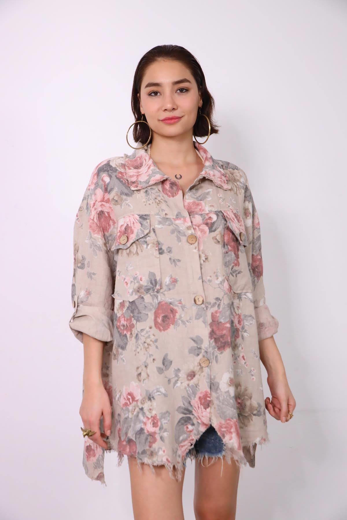 Açık Vizon Çiçek Desenli Önü Düğmeli Püsküllü Tunik - Şaman Butik Açık Vizon Çiçek Desenli Önü Düğmeli Püsküllü Tunik