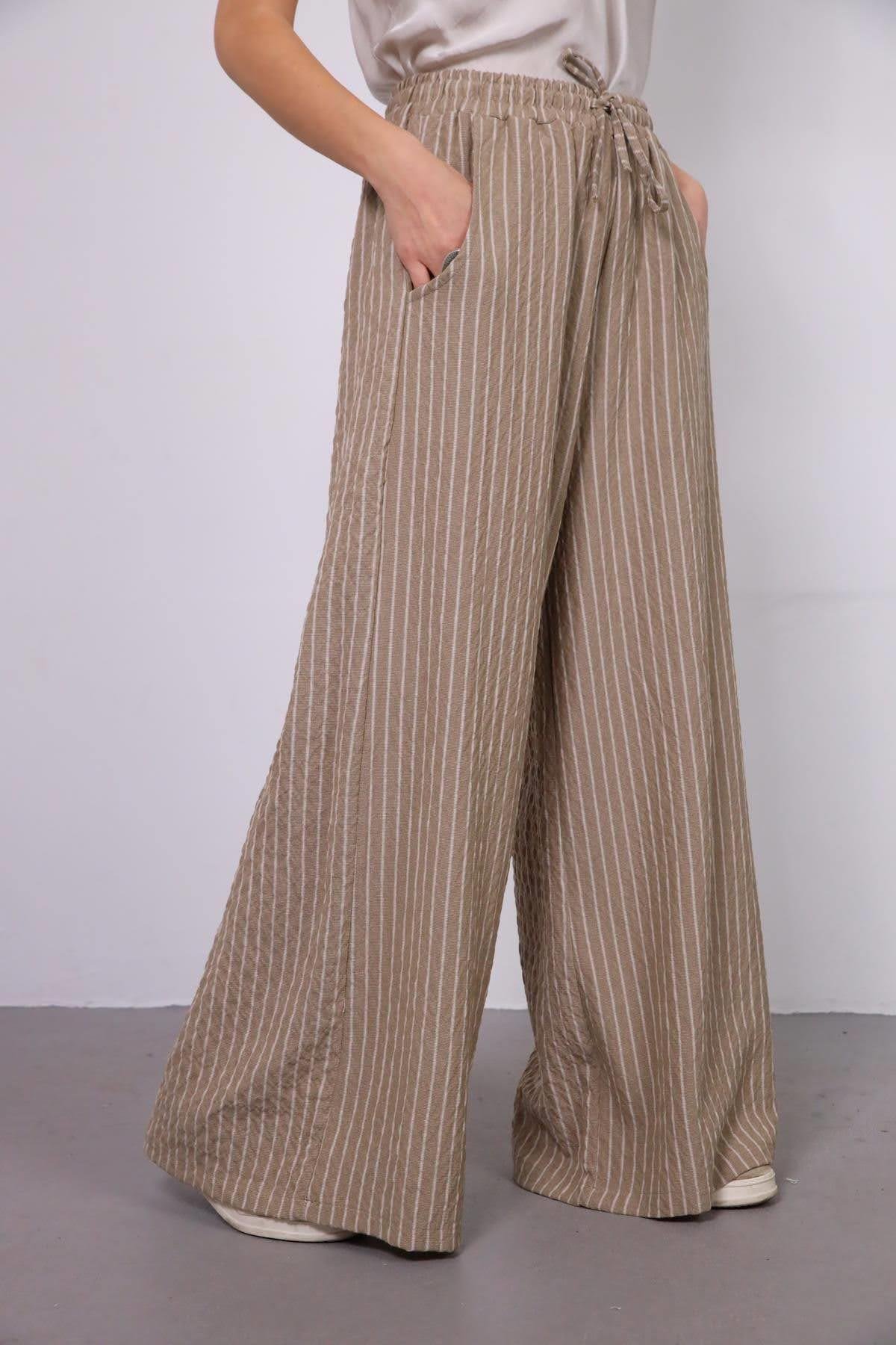 Vizon Rengi Beli Lastikli Çizgili Salaş Pantolon - Şaman Butik Vizon Rengi Beli Lastikli Çizgili Salaş Pantolon