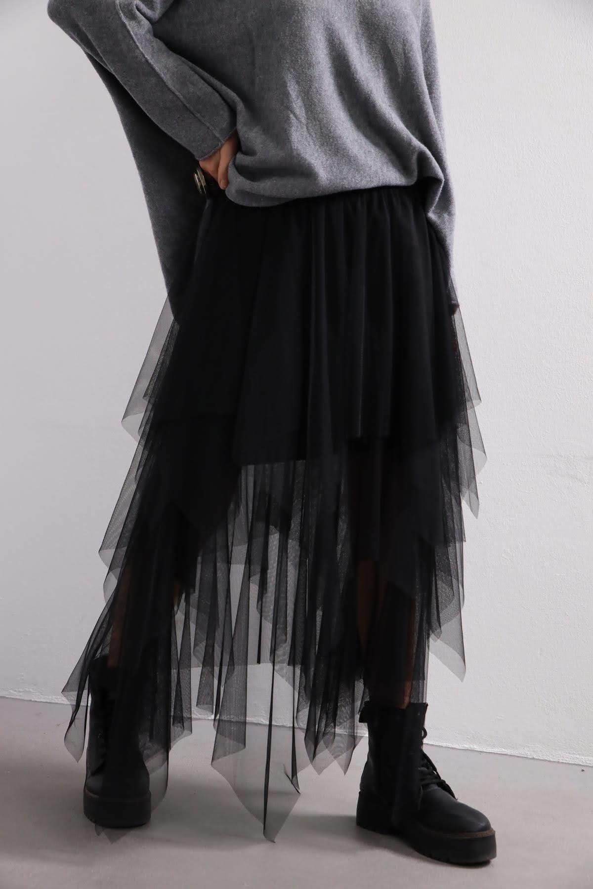 Black Elastic Waist Layered Tulle Skirt - Saman Butik | Shop Online Black Elastic Waist Layered Tulle Skirt 
