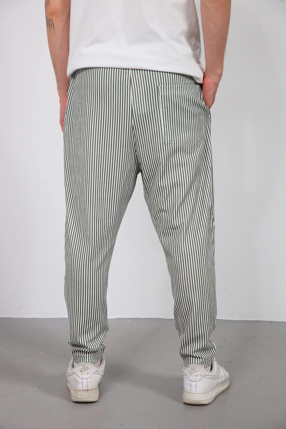  Haki Çizgili Dar Paça Erkek Pantolon