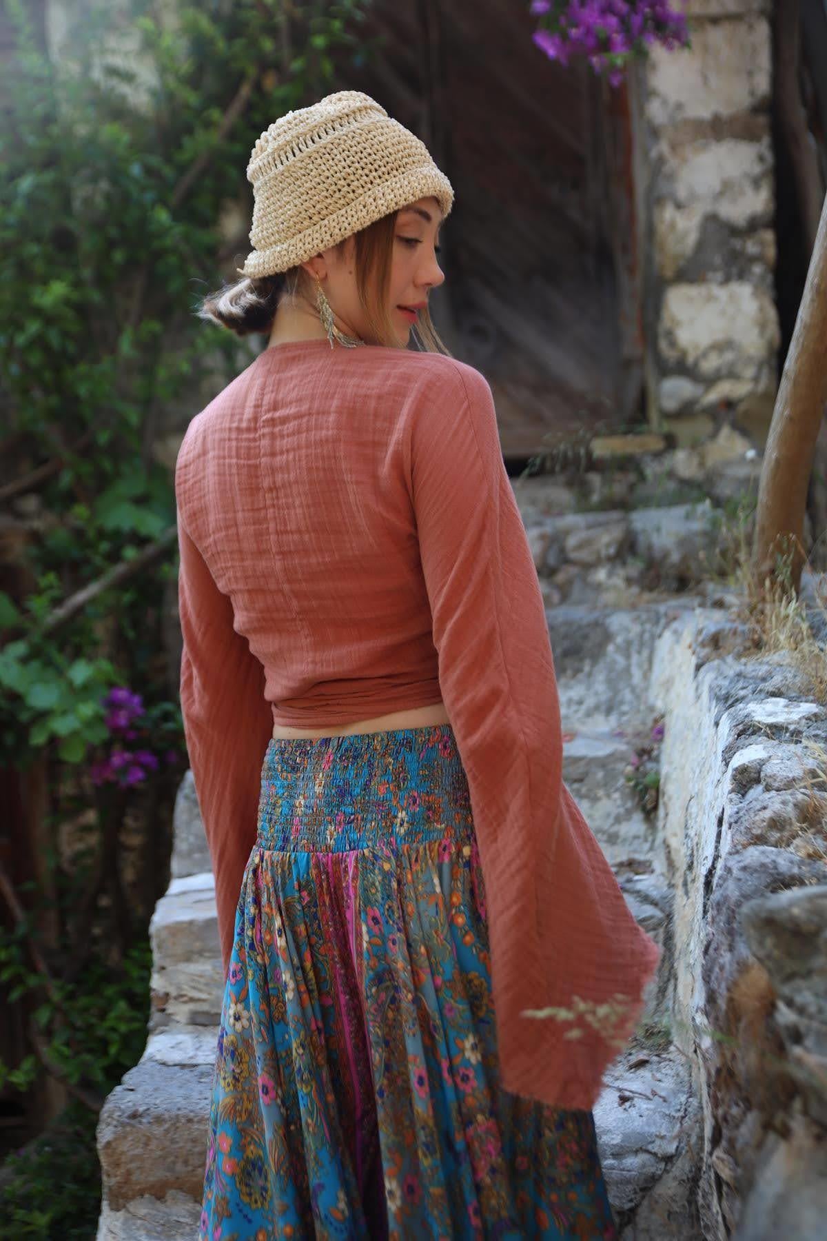  Somon Rengi İspanyol Kol Anvelop Crop Bluz