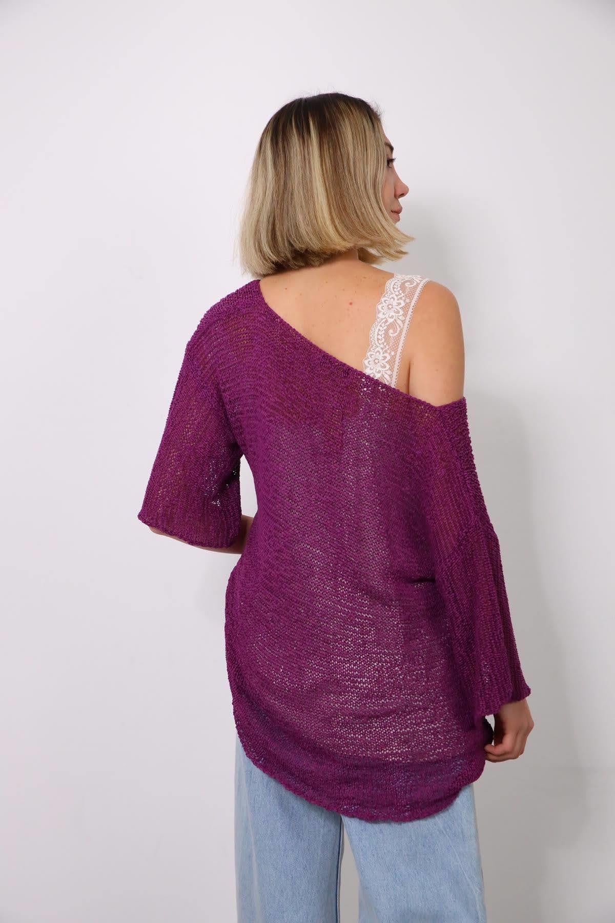 Mürdüm Rengi Yetim Kol V Yaka Merserize Bluz - Şaman Butik - Bohem Giyim ve Aksesuar | Kadın & Erkek Mürdüm Rengi Yetim Kol V Yaka Merserize Bluz