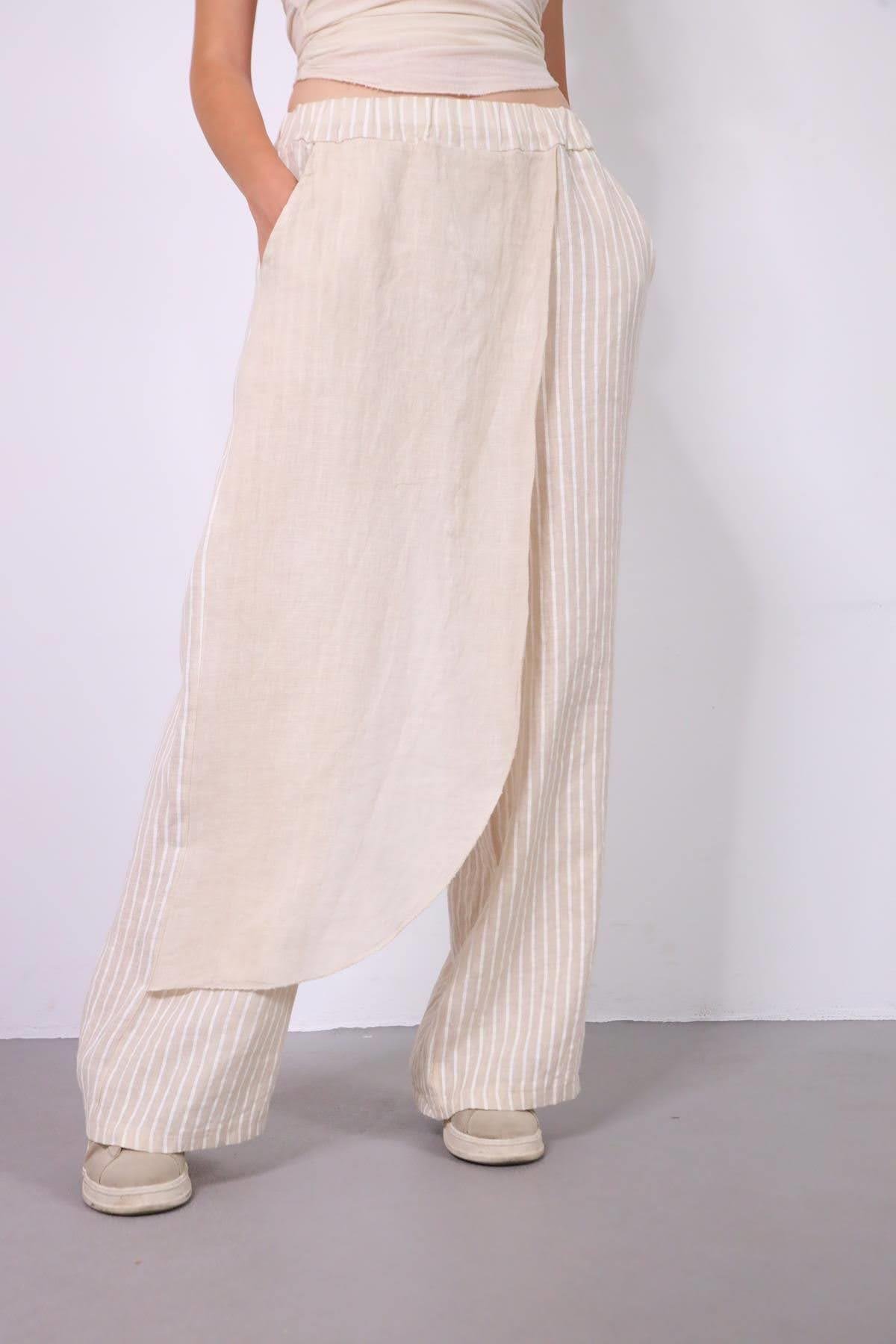 Krem Rengi Parça Detaylı Çizgili Keten Pantolon - Şaman Butik Krem Rengi Parça Detaylı Çizgili Keten Pantolon