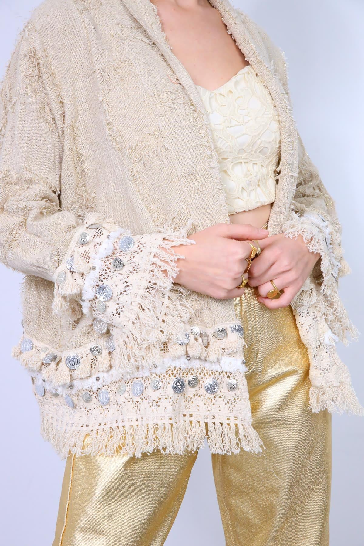  Krem Rengi Simli Saçaklı Kısa Etnik Ceket