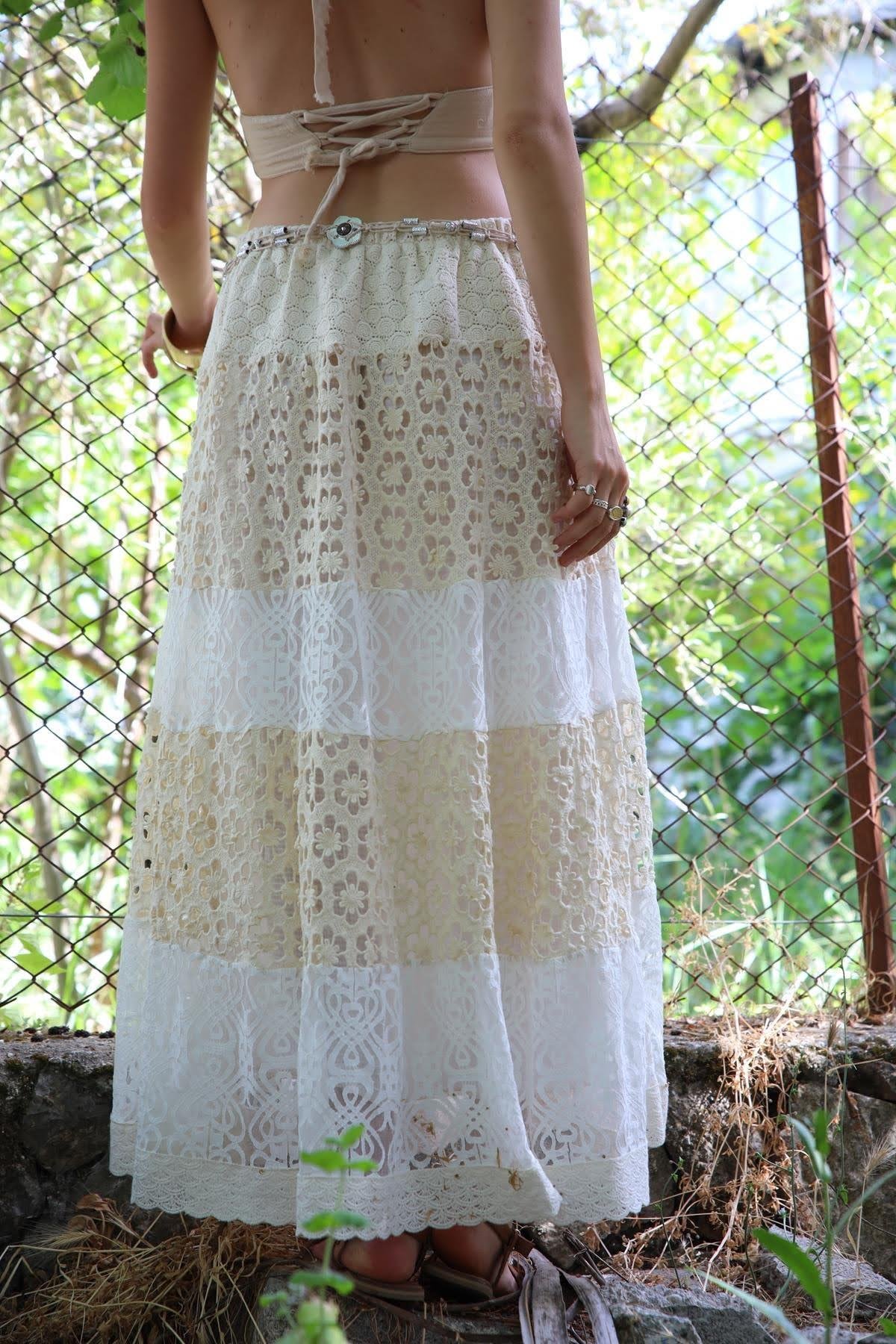  Krem Rengi Kemer Detaylı Otantik Beli Lastikli Dantel Etek