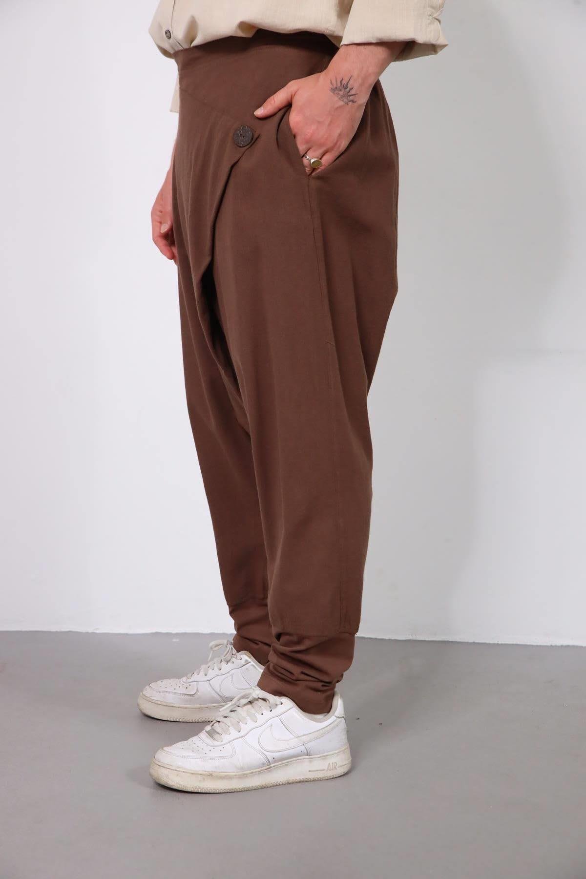  Kahverengi Çapraz Pileli Tek Düğme Pantolon