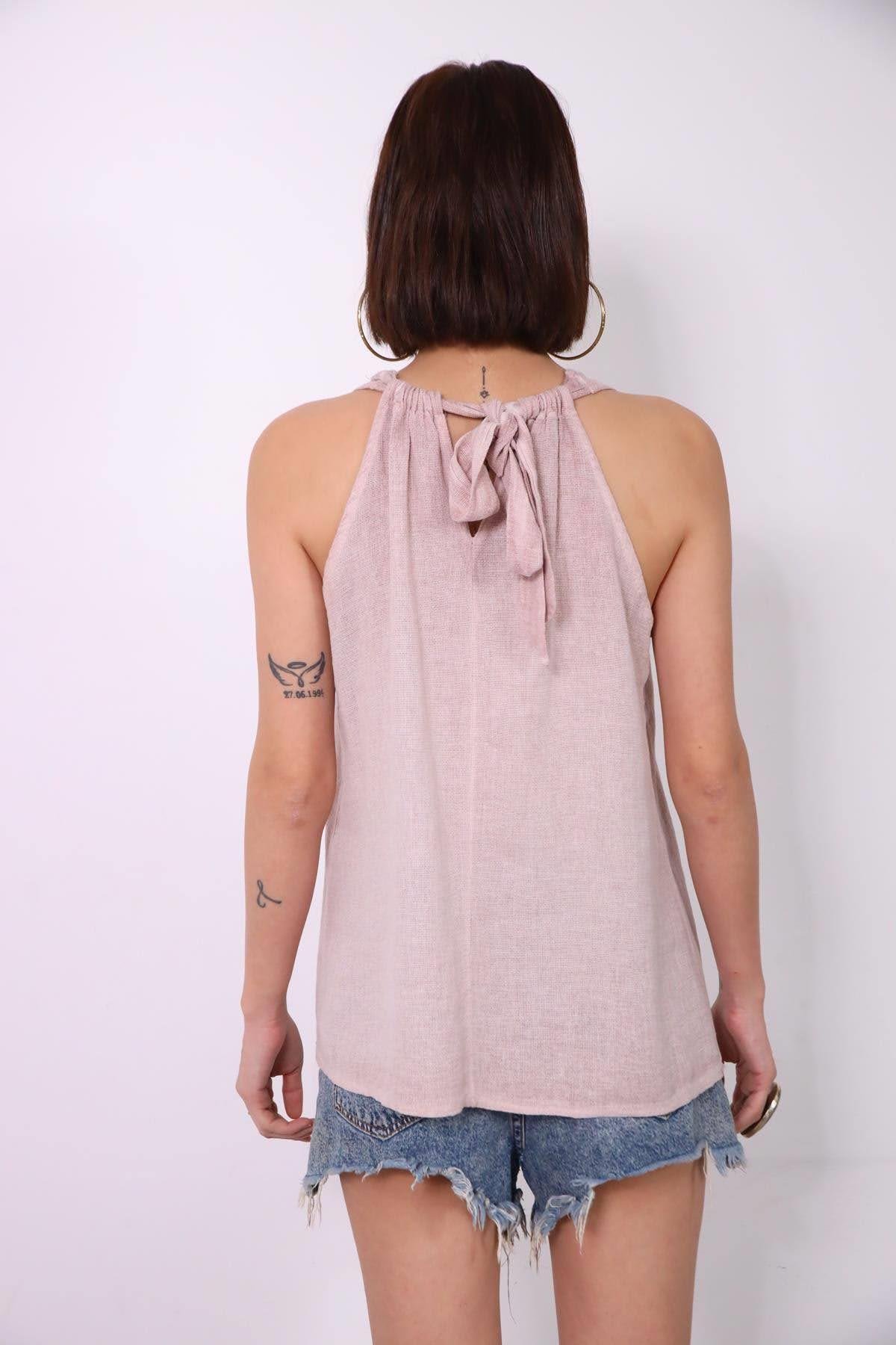  Pudra Pembe Sırtı Bağlamalı Askılı Bluz