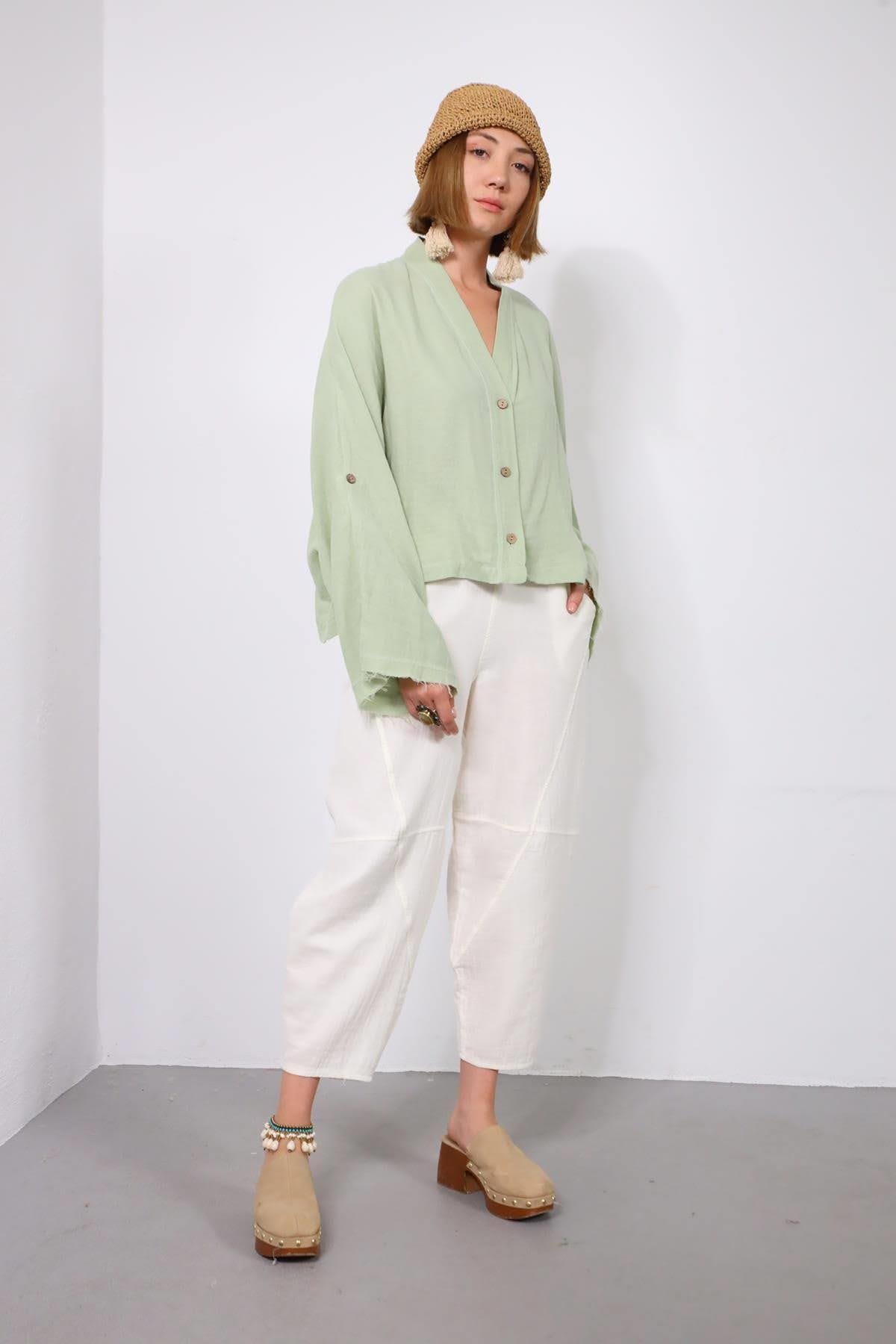  Mint Yeşili Yarasa Kol Püsküllü Sırt Detaylı Gömlek