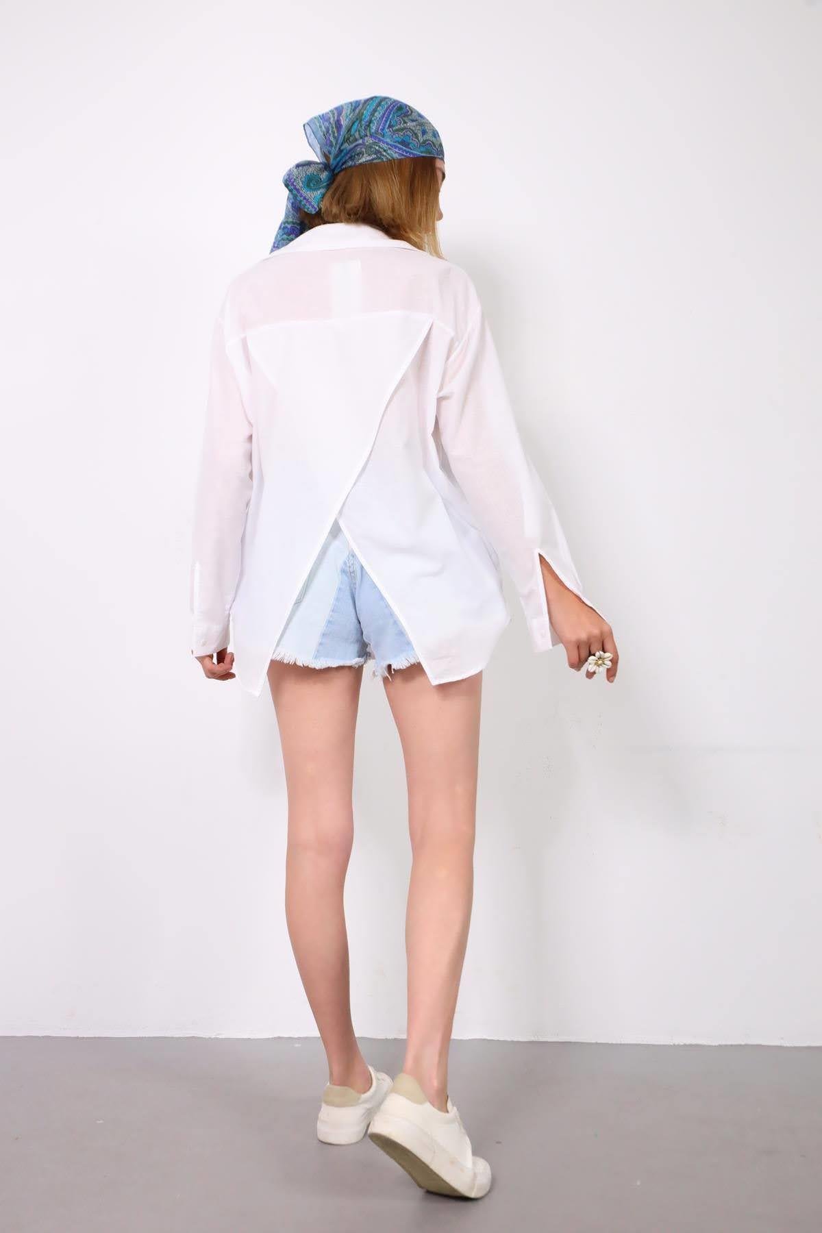 White Big Pocket Open Back Shirt - Saman Butik | Shop Online White Big Pocket Open Back Shirt