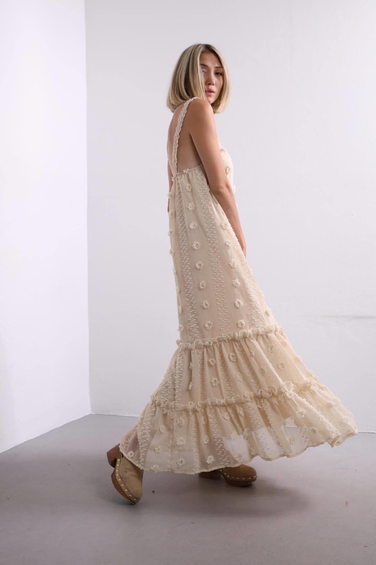 Krem Rengi Askılı Tül Elbise - Şaman Butik Krem Rengi Askılı Tül Elbise