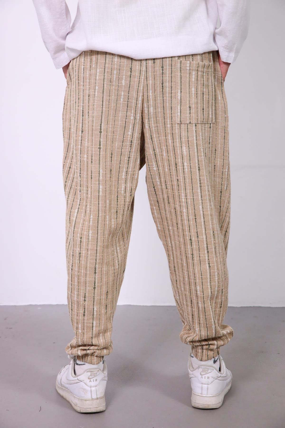  Bej Beli Pileli Paçası Büzgülü Çizgili Erkek Pantolon