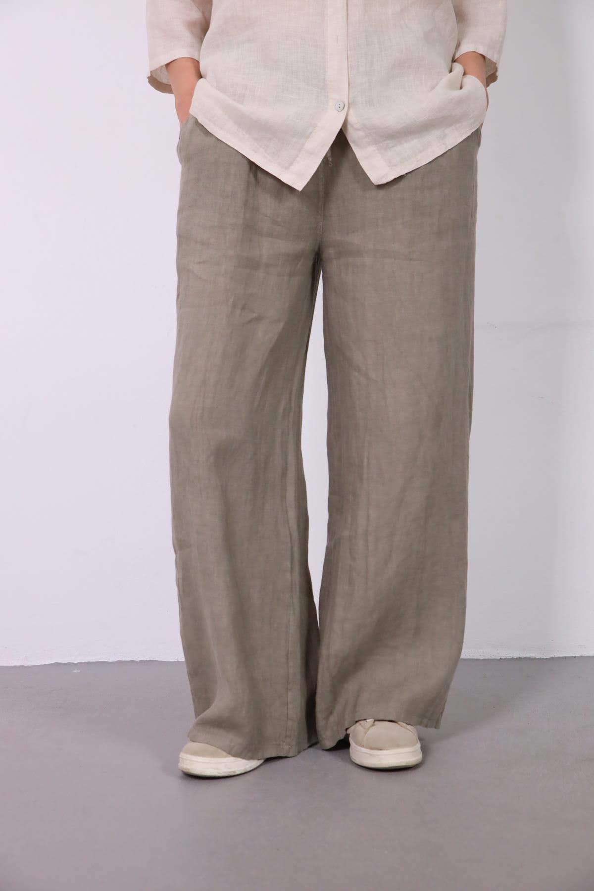 Vizon Rengi Beli Lastikli Bağcık Detaylı Keten Pantolon - Şaman Butik Vizon Rengi Beli Lastikli Bağcık Detaylı Keten Pantolon