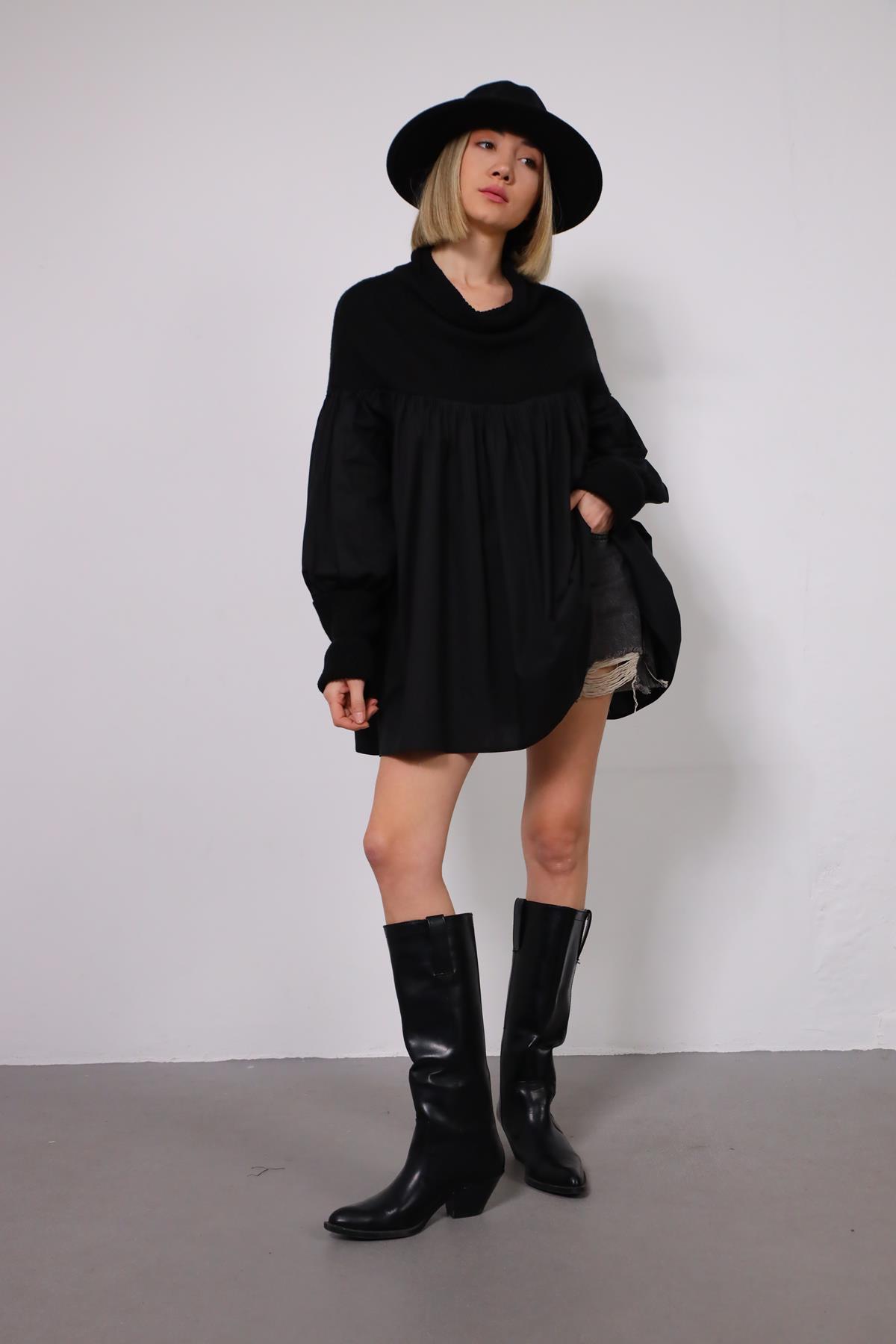 Navy Blue Floral Stitched Waist Shirt Dress - Şaman Butik Black Poplin Pleated Turtle Neck Tunic