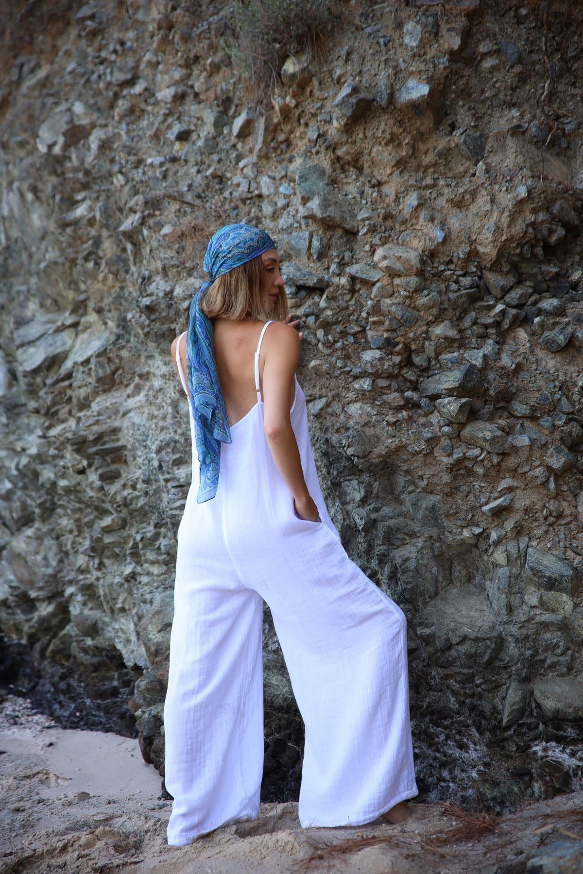  Beyaz Askılı Salaş Müslin Tulum