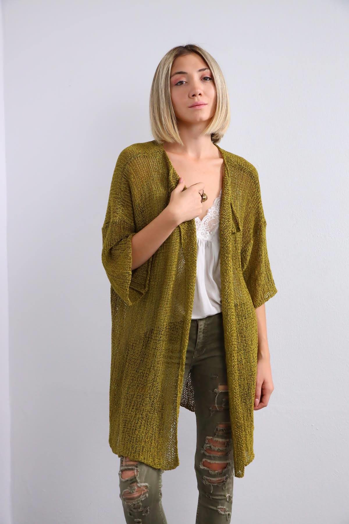  Yağ Yeşili Kısa Merserize Hırka