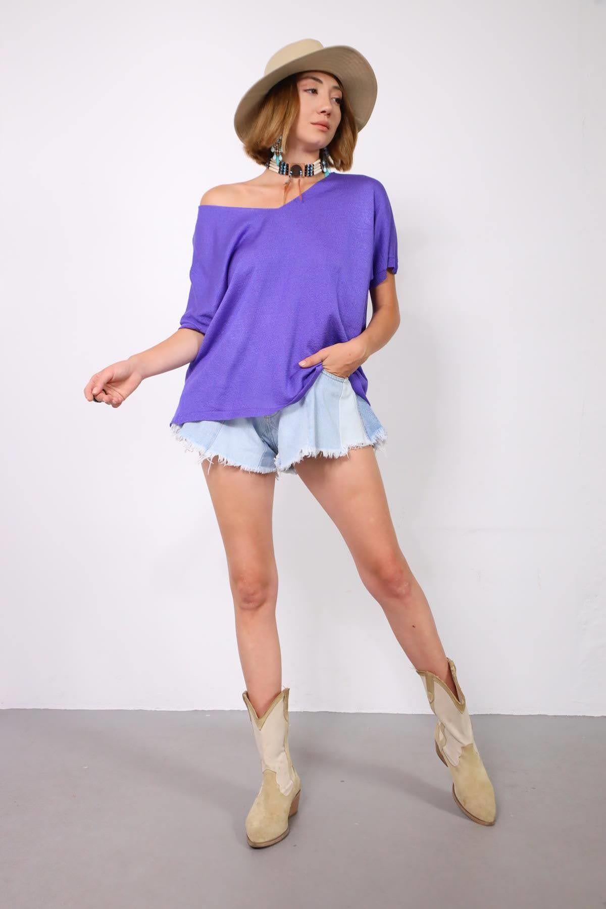 Mor V Yaka Yarasa Kol Triko Bluz - Şaman Butik Mor V Yaka Yarasa Kol Triko Bluz