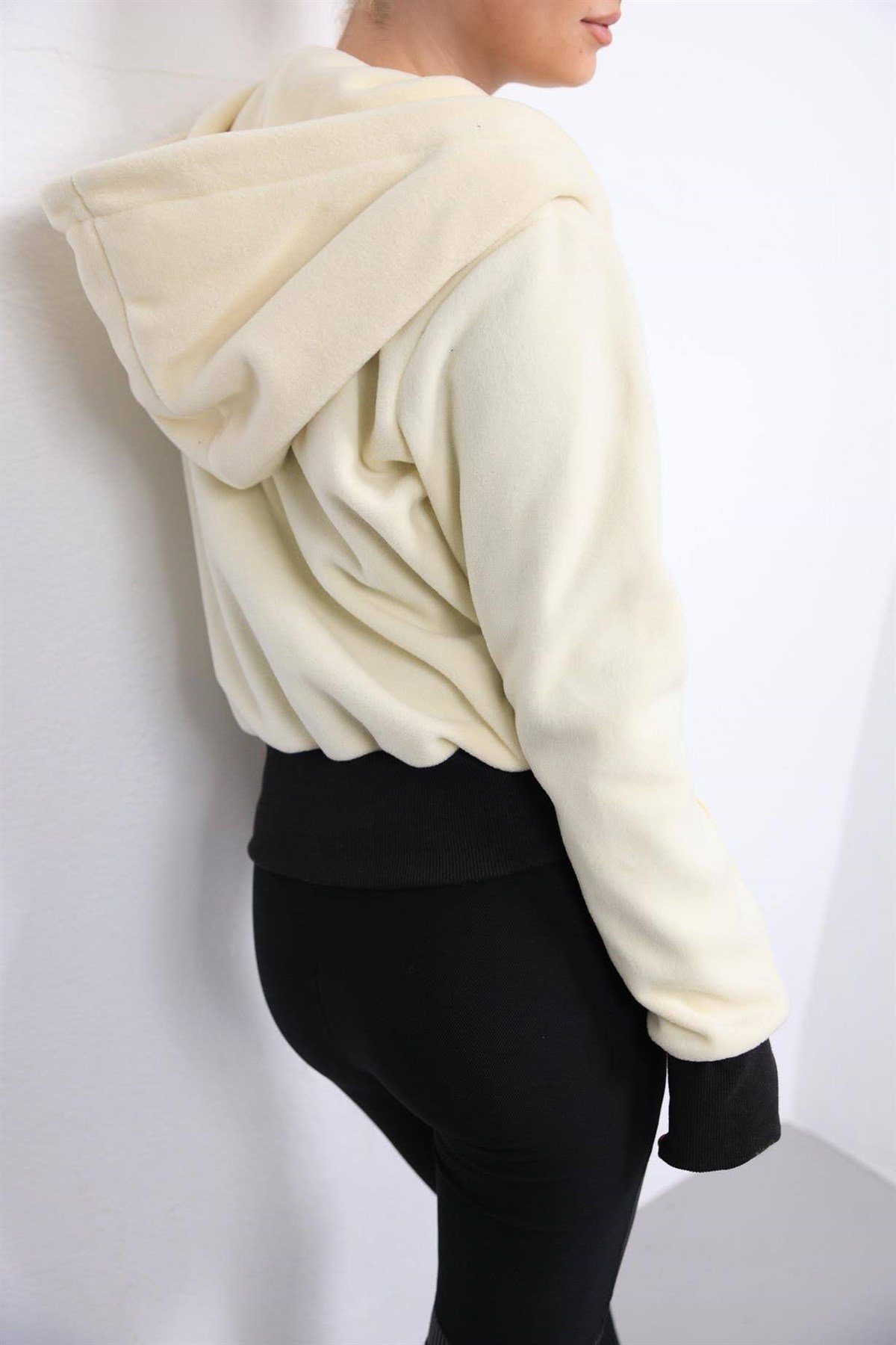 Ecru Side Zipper Fleece Jacket with Hood - Saman Butik | Shop Online Ecru Side Zipper Fleece Jacket with Hood