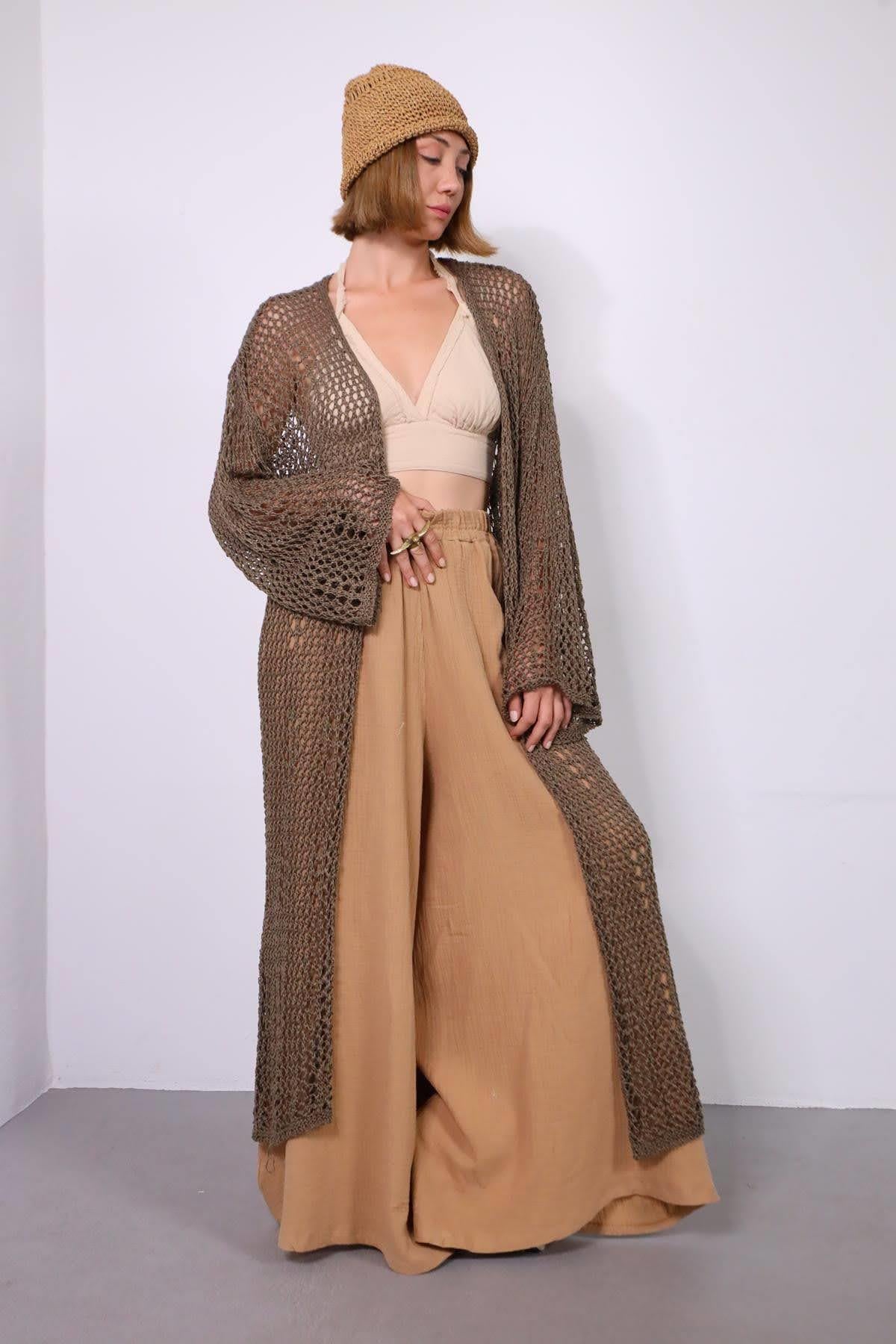 Haki Uzun Lase Triko Hırka - Şaman Butik Haki Uzun Lase Triko Hırka