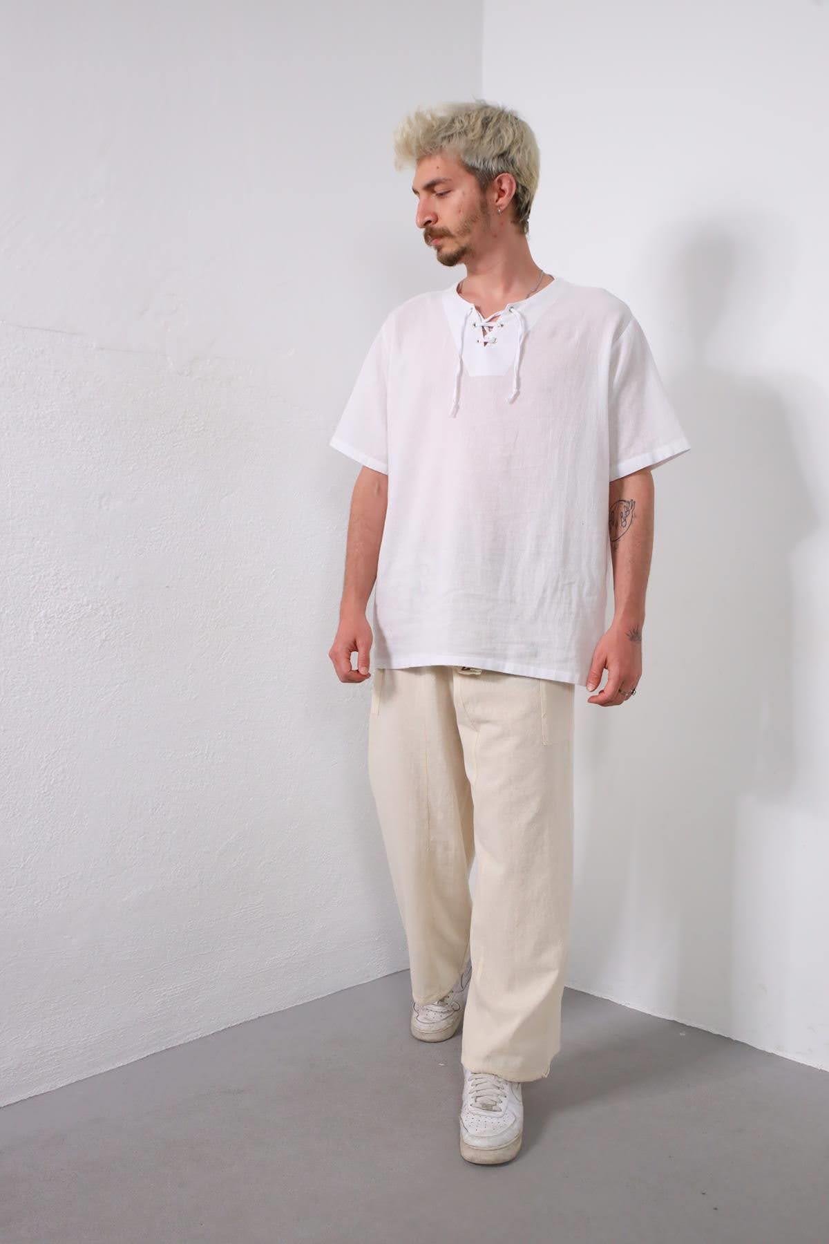  Krem Rengi Beli Desenli Balıkçı Pantolon