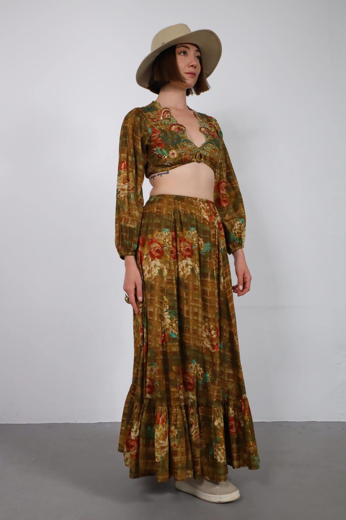 Kahverengi Gipeli Otantik İşlemeli Uzun Bluz ve Etek Takım - Şaman Butik Kahverengi Gipeli Otantik İşlemeli Uzun Bluz ve Etek Takım