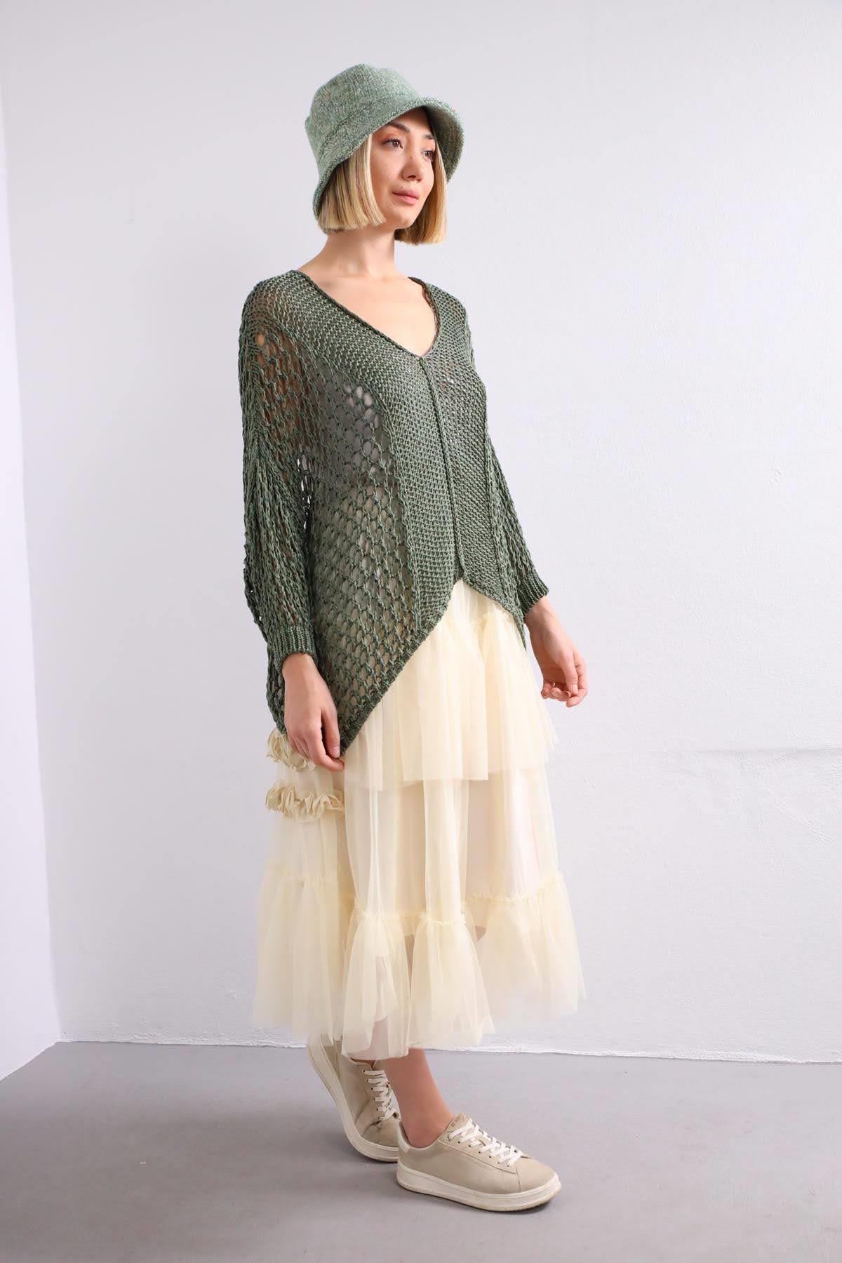  Krem Rengi Katlı Tül Etek