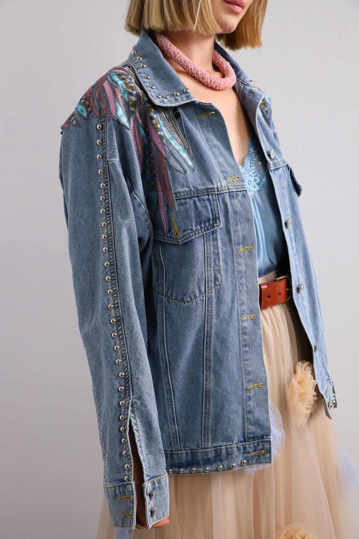  Mavi Kanat İşlemeli Saçaklı Kot Ceket