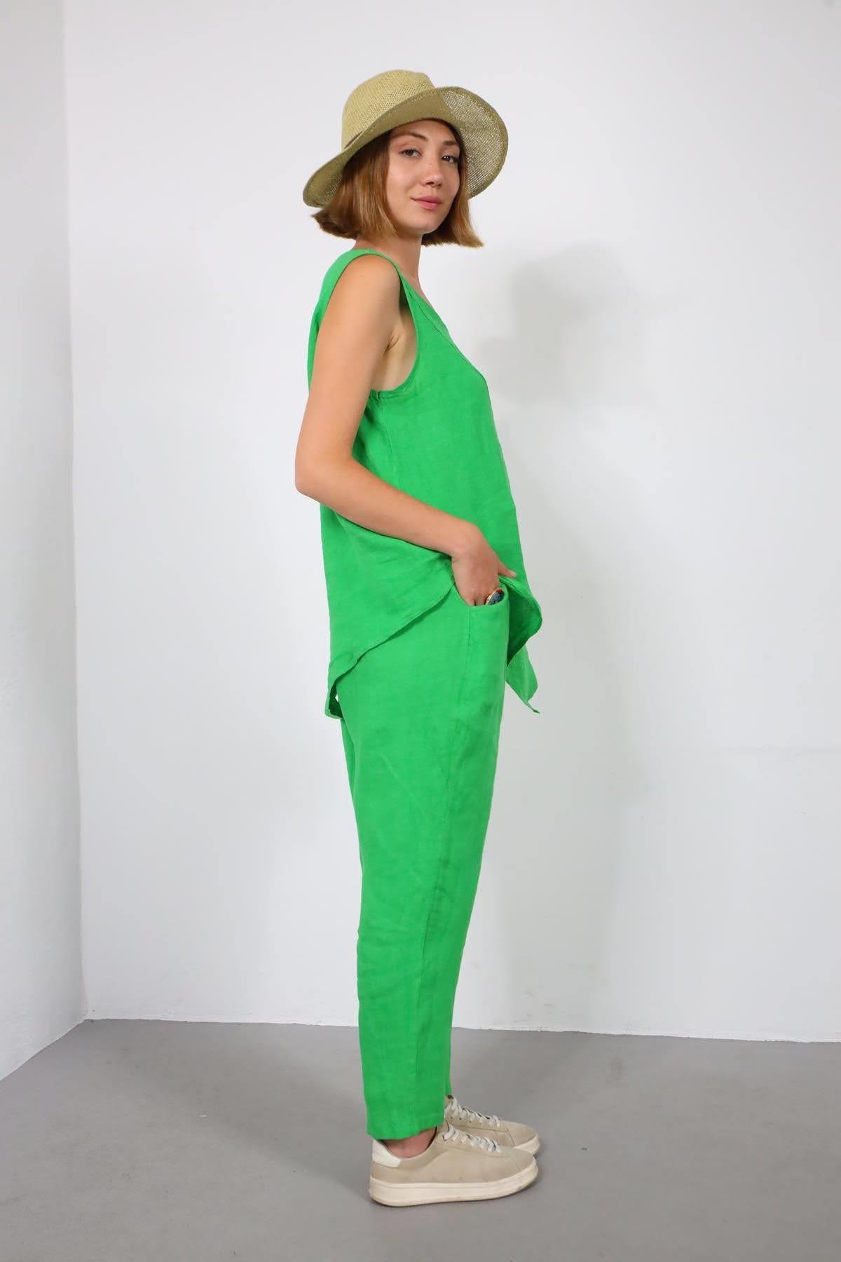  Yeşil Dikişli Sıfır Kol Bluz ve Pantolon Keten Takım