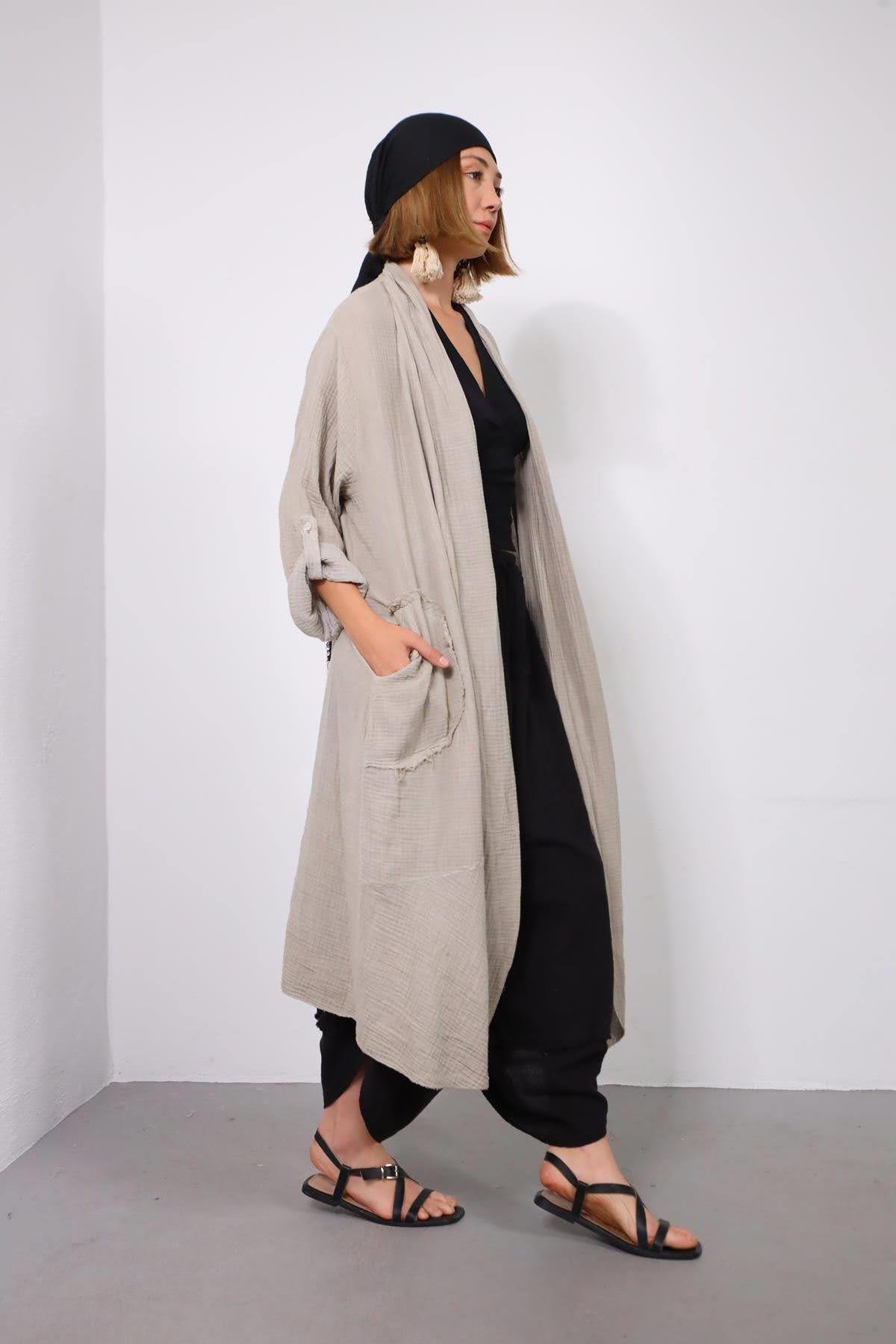  Vizon Rengi Cebi Püskül Detaylı Yıkama Müslin Kaftan