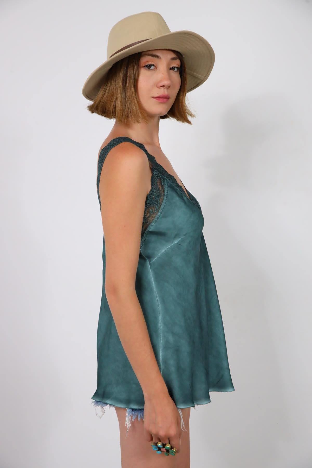 Navy Blue Floral Stitched Waist Shirt Dress - Şaman Butik Emerald Green Lace Embroidered Silk Tank Top