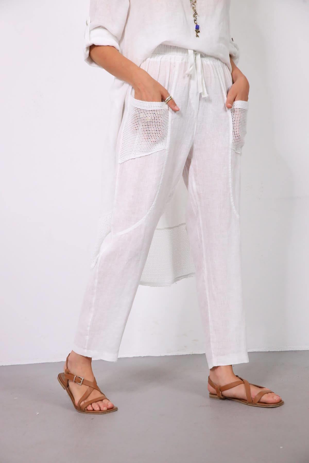 Beyaz File Detaylı Keten Arkası Uzun Bluz ve Pantolon Takım - Şaman Butik Beyaz File Detaylı Keten Arkası Uzun Bluz ve Pantolon Takım