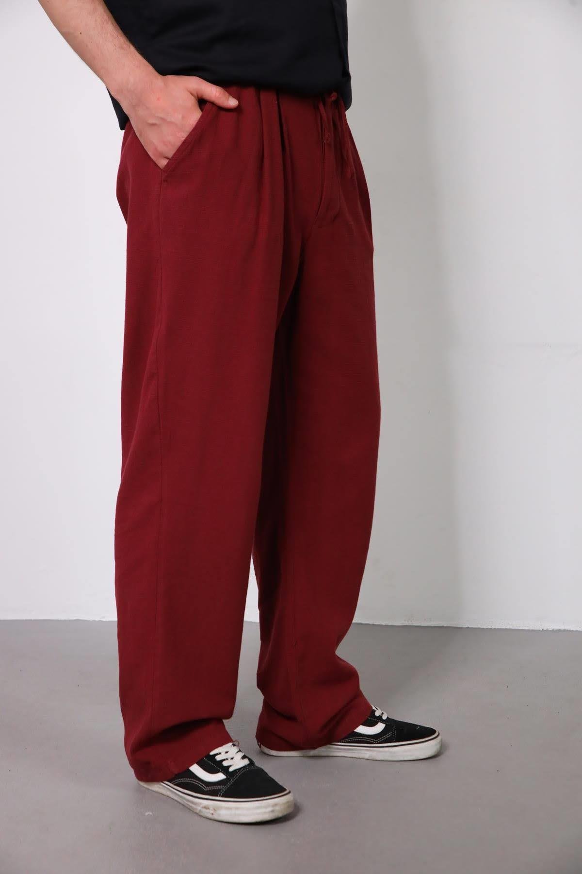  Bordo Beli Lastikli Pileli Pantolon