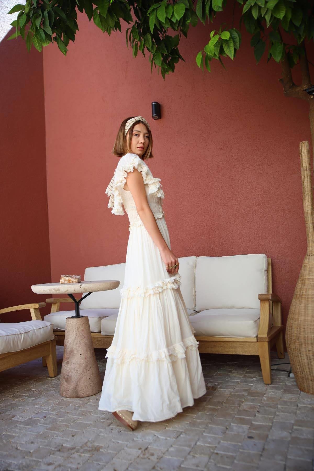  Ekru Kayık Yaka Volanlı Brit Detaylı Bohem Kimono