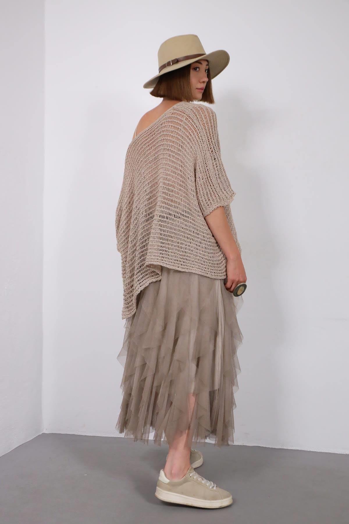 Vizon Rengi Yarasa Kol Önü Dikişli Asimetrik Triko Bluz - Şaman Butik Vizon Rengi Yarasa Kol Önü Dikişli Asimetrik Triko Bluz