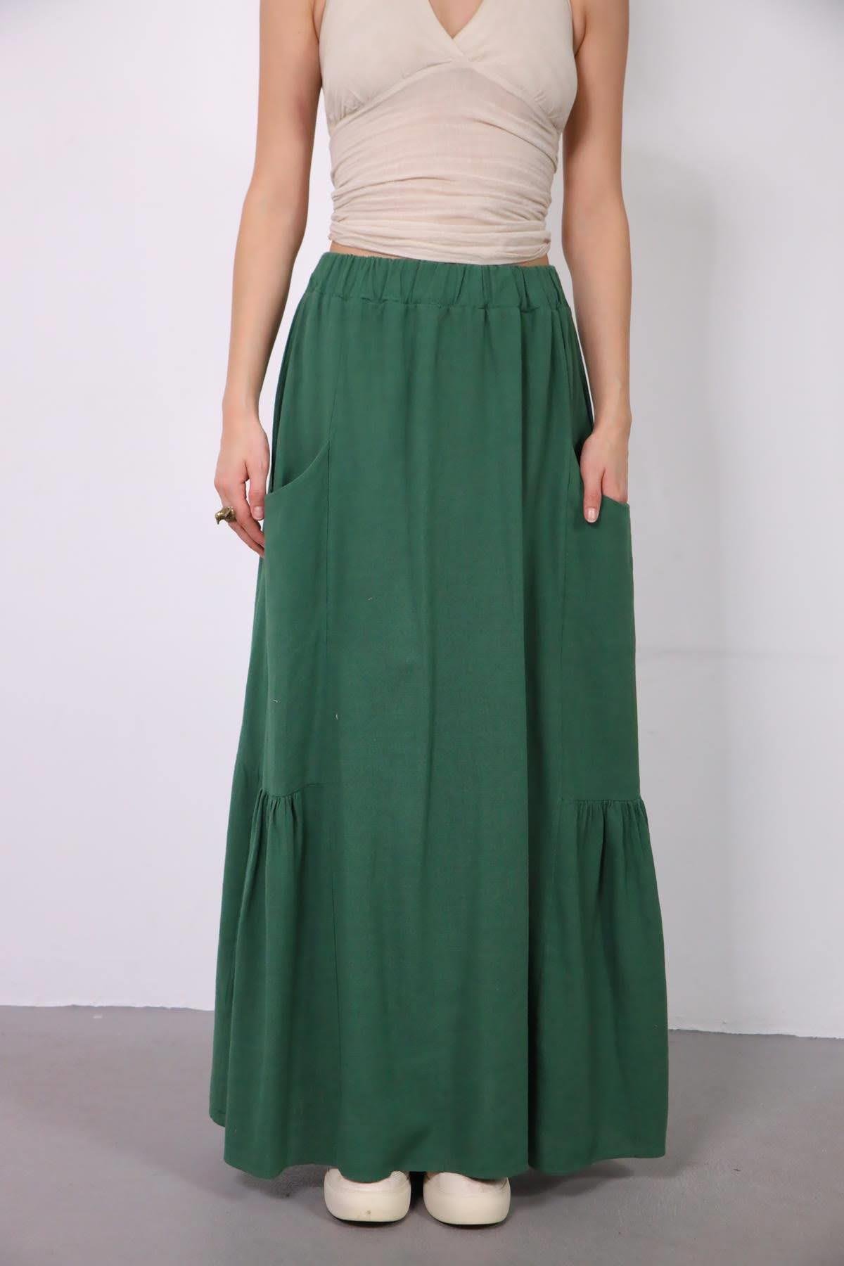  Yeşil Keten Cepli Pileli Etek