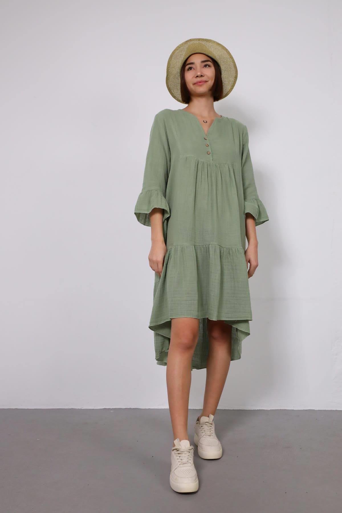 Mint Yeşili Kolu Volanlı Müslin Elbise - Şaman Butik Mint Yeşili Kolu Volanlı Müslin Elbise