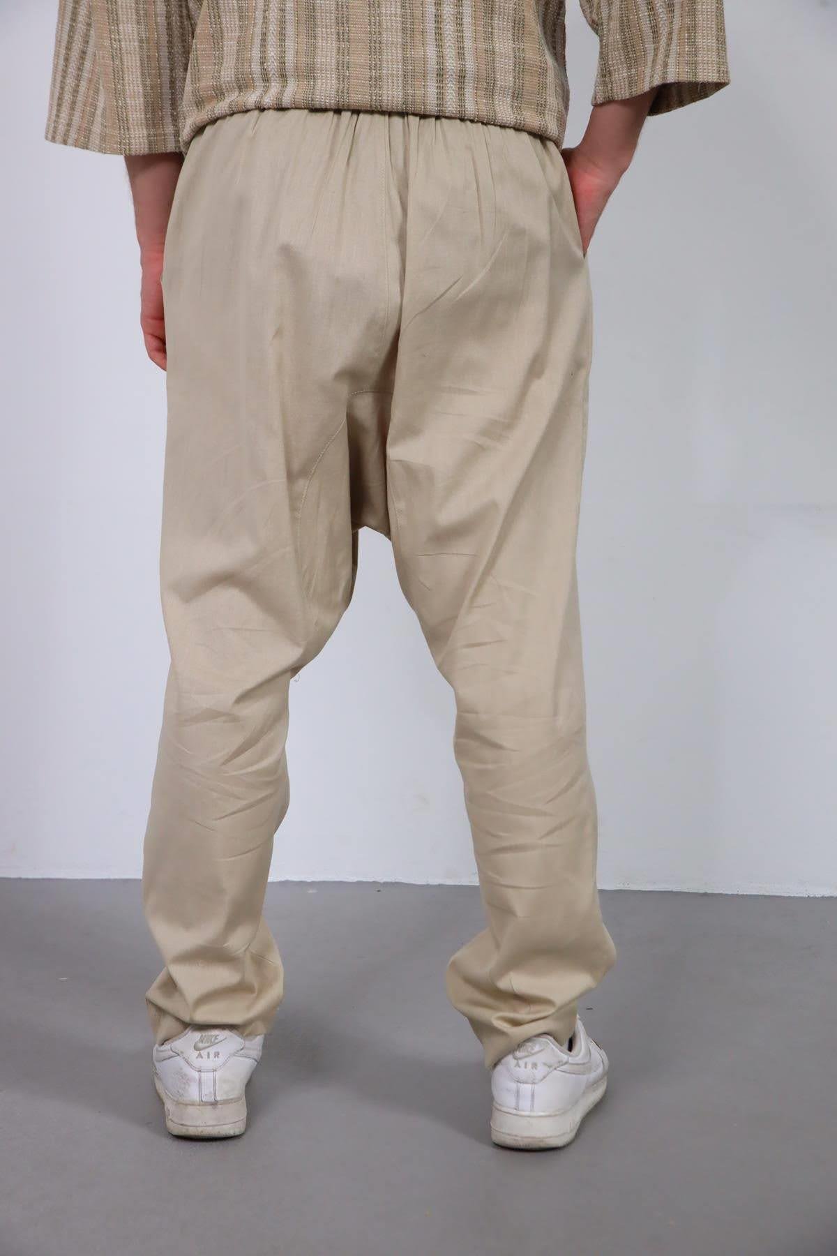  Krem Rengi Düz Paça Kordon Detaylı Şalvar Pantolon