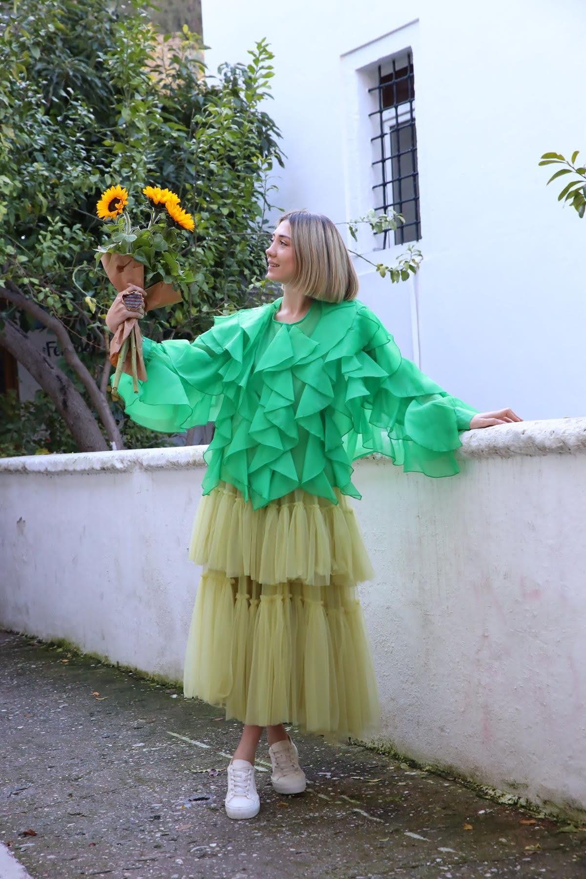 Fıstık Yeşili Kat Kat Tül Etek - Şaman Butik Fıstık Yeşili Kat Kat Tül Etek