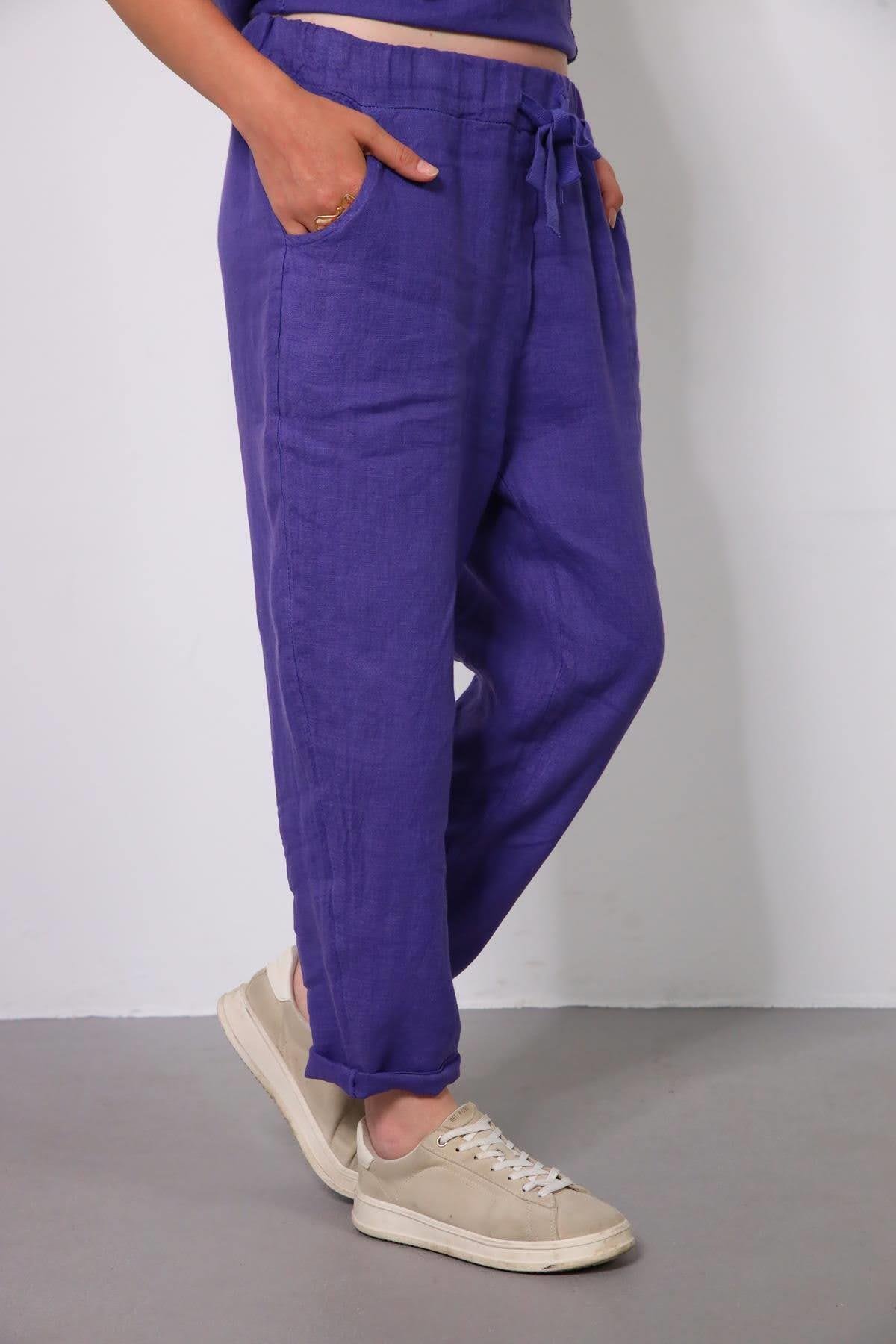 Mor Dikişli Sıfır Kol Bluz ve Pantolon Keten Takım - Şaman Butik Mor Dikişli Sıfır Kol Bluz ve Pantolon Keten Takım