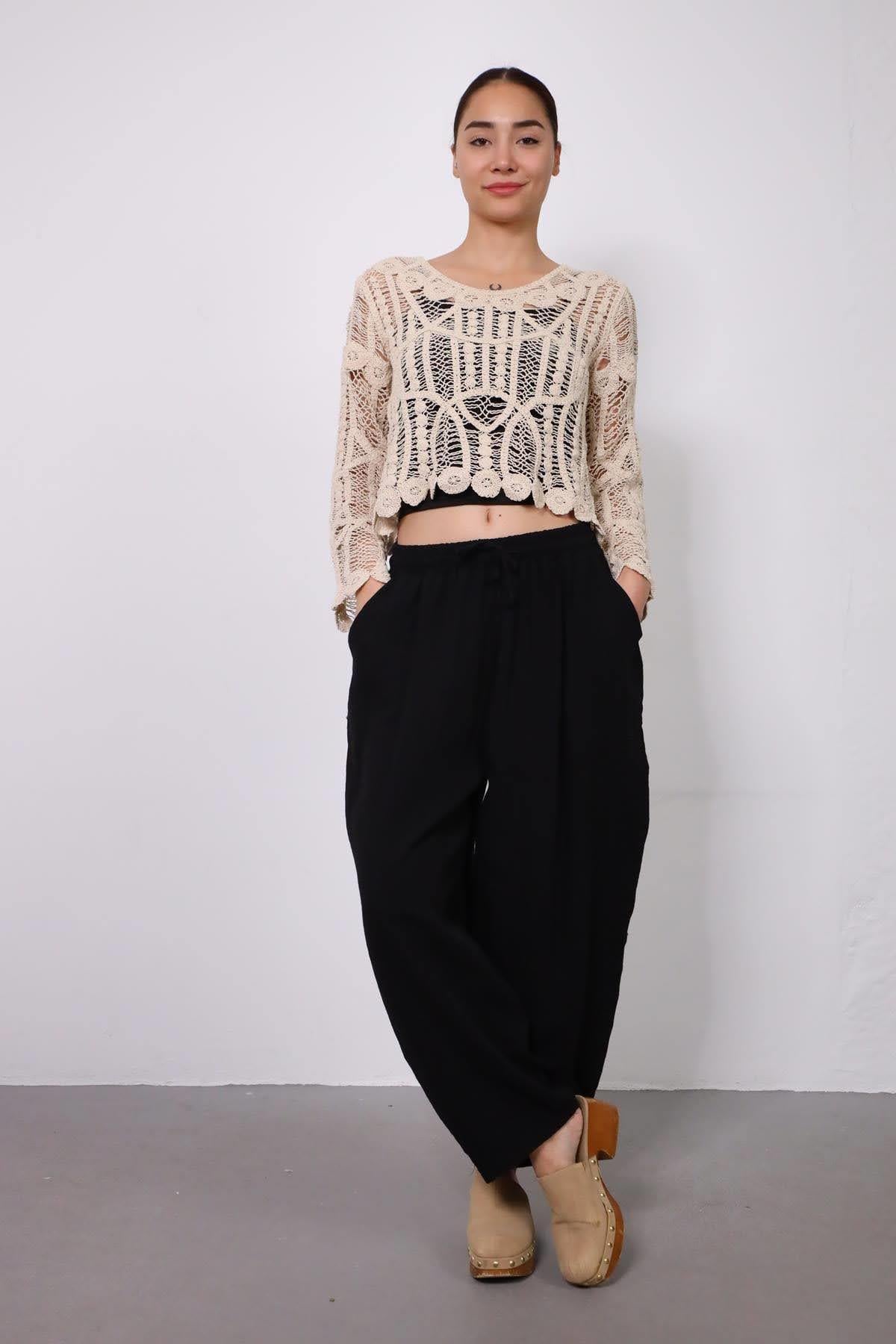 Siyah Beli Lastikli Balon Pantolon - Şaman Butik Siyah Beli Lastikli Balon Pantolon