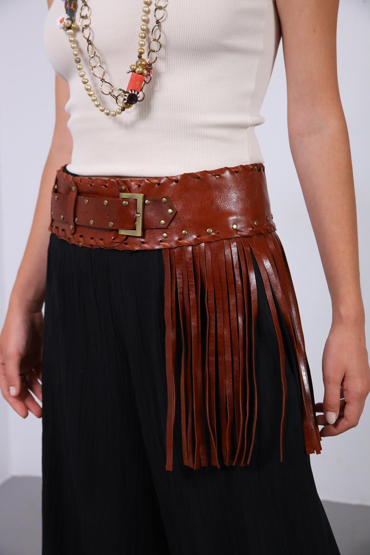 Taba Püsküllü Deri Kemer - Şaman Butik Taba Püsküllü Deri Kemer