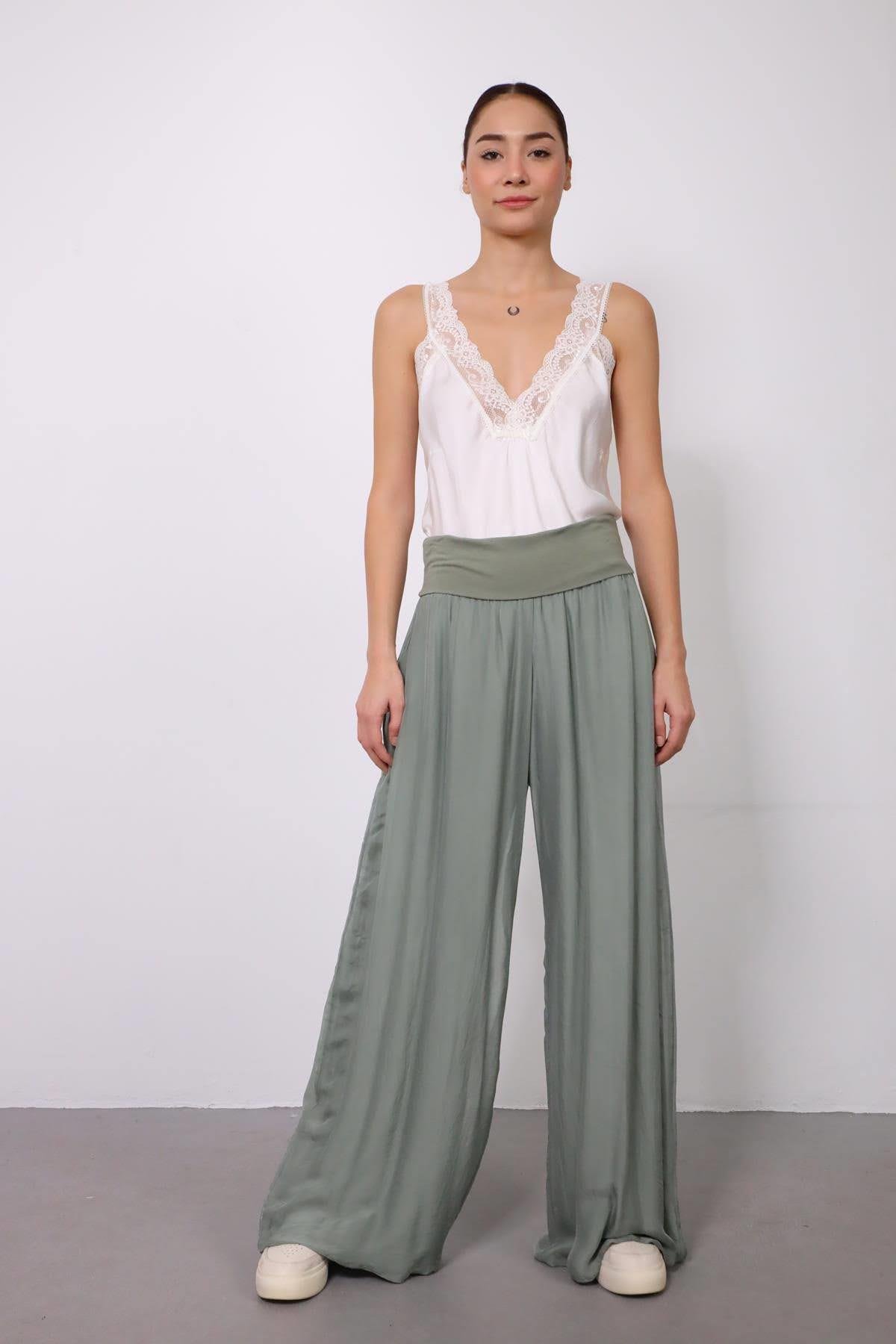  Khaki Silk Trousers - Şaman Butik | Boho Fashion  Khaki Silk Trousers