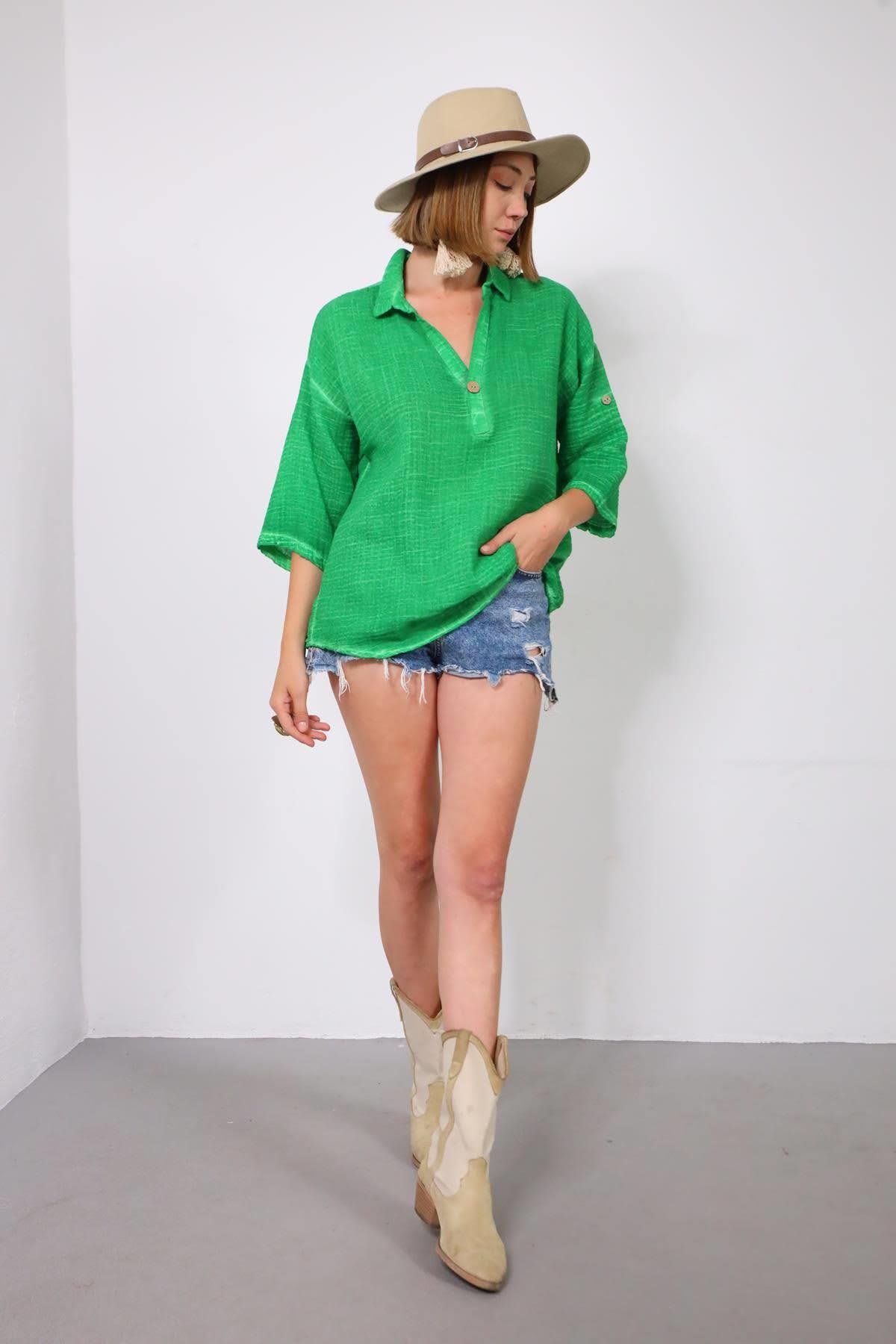  Yeşil Yağ Yıkama Müslin Tek Düğmeli Gömlek