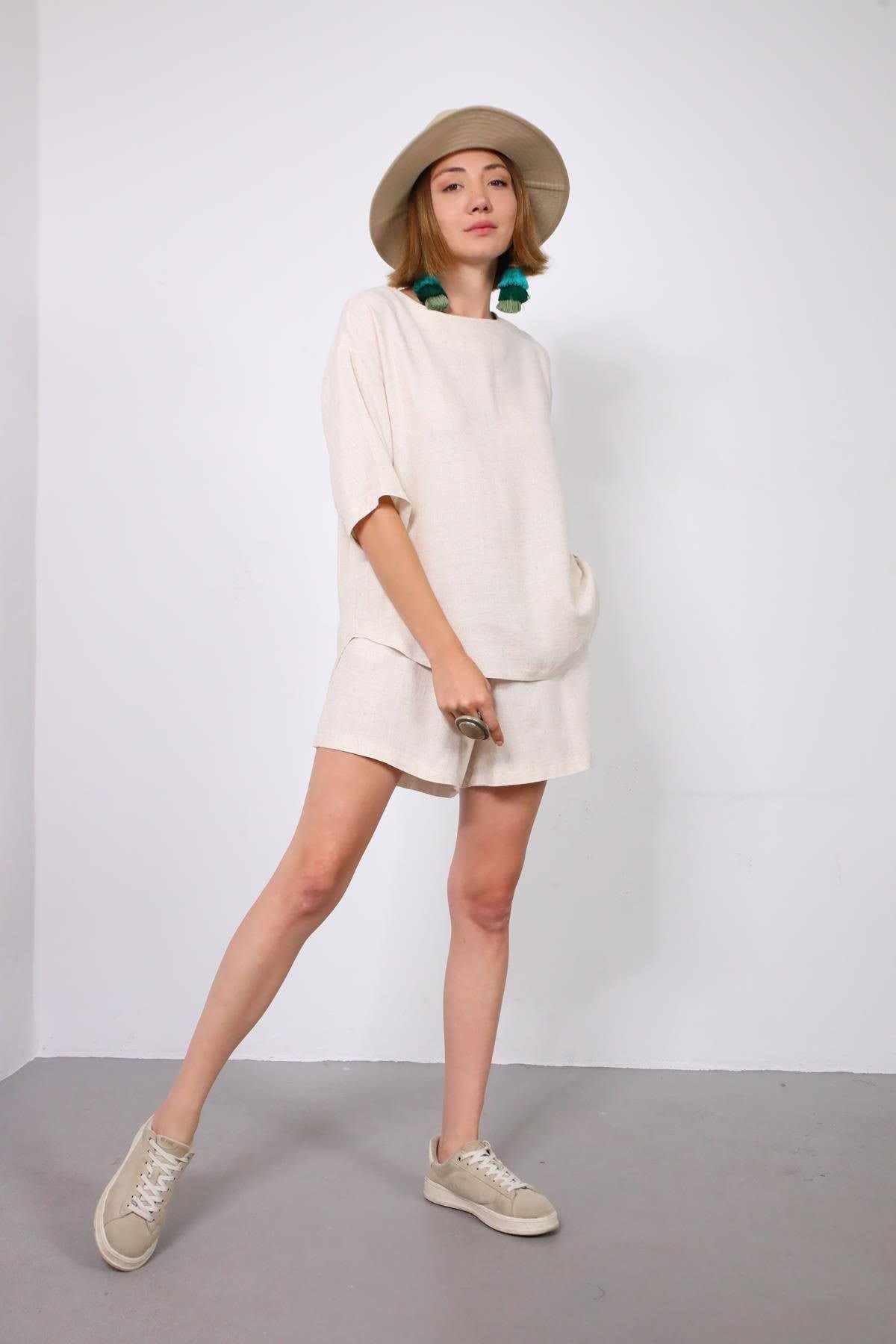  Krem Rengi Salaş Şortlu Takım