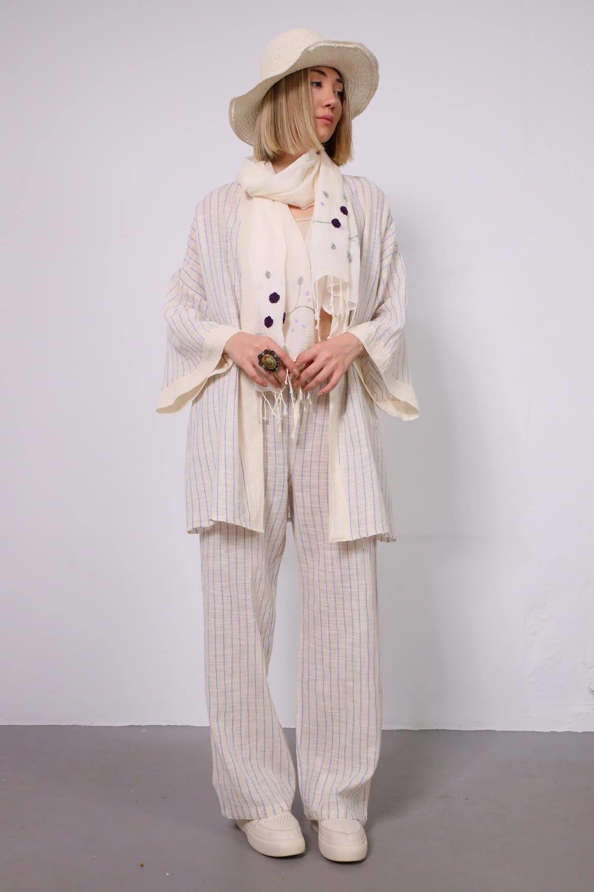 Mavi Beli Lastikli Çizgili Pantolon - Şaman Butik Mavi Beli Lastikli Çizgili Pantolon